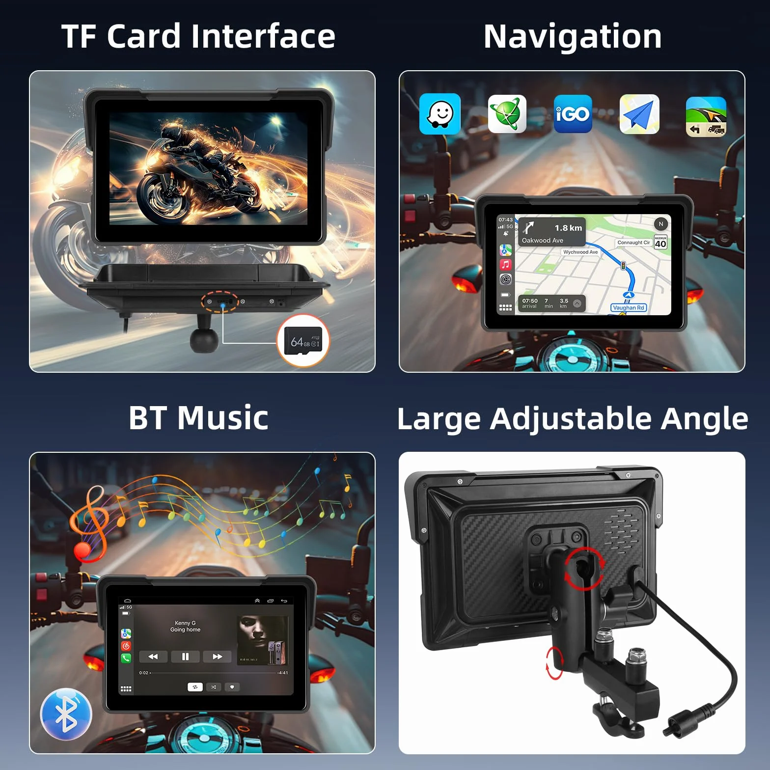 Schermo Carplay Moto Senza Fili 7 Pollici Impermeabile Touchscreen Doppio Bluetooth Navigazione GPS Android Auto +64G Card