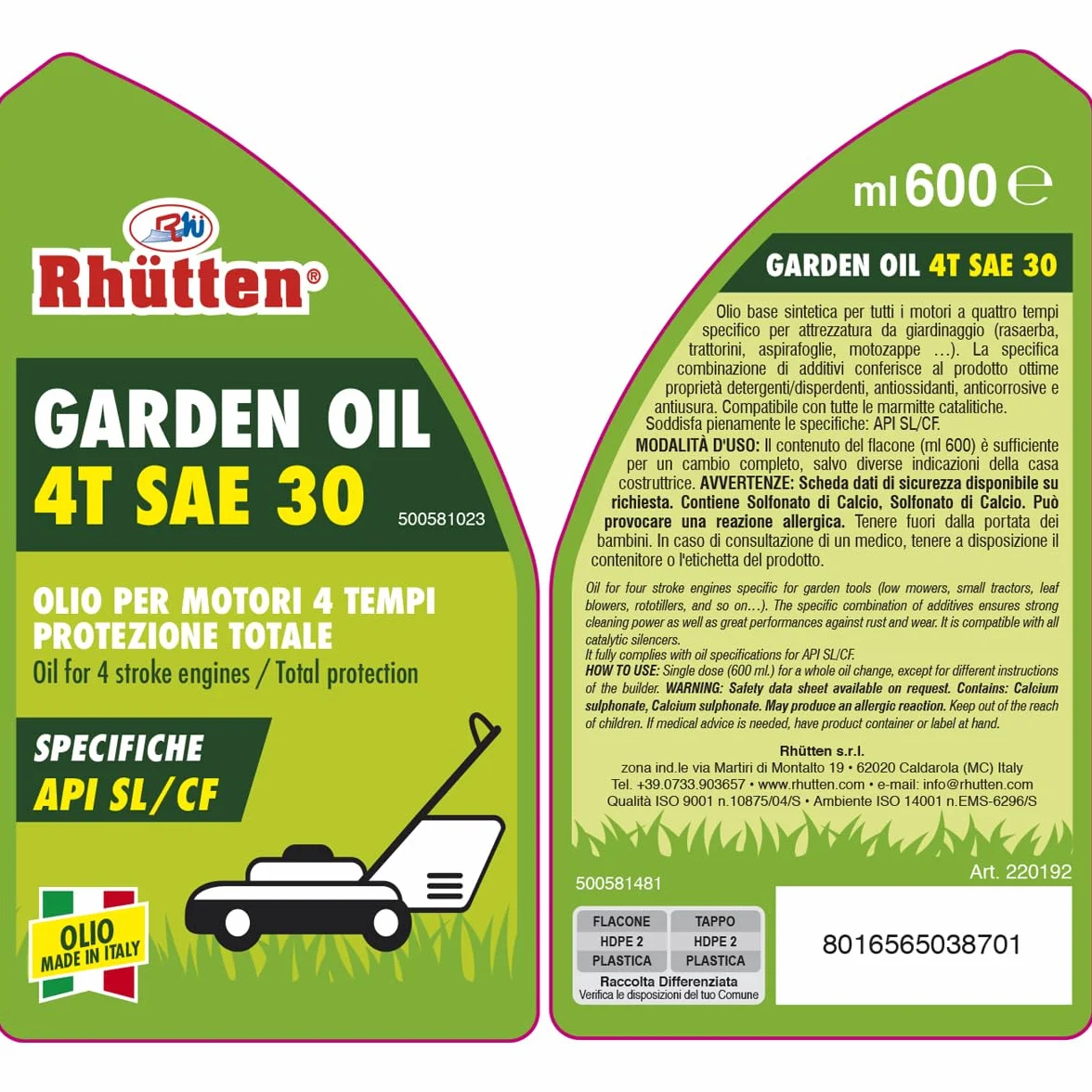 Rhutten, Olio Garden per Attrezzi da Giardino, per Motori 4Tempi SAE 30, Minerale, 600ml