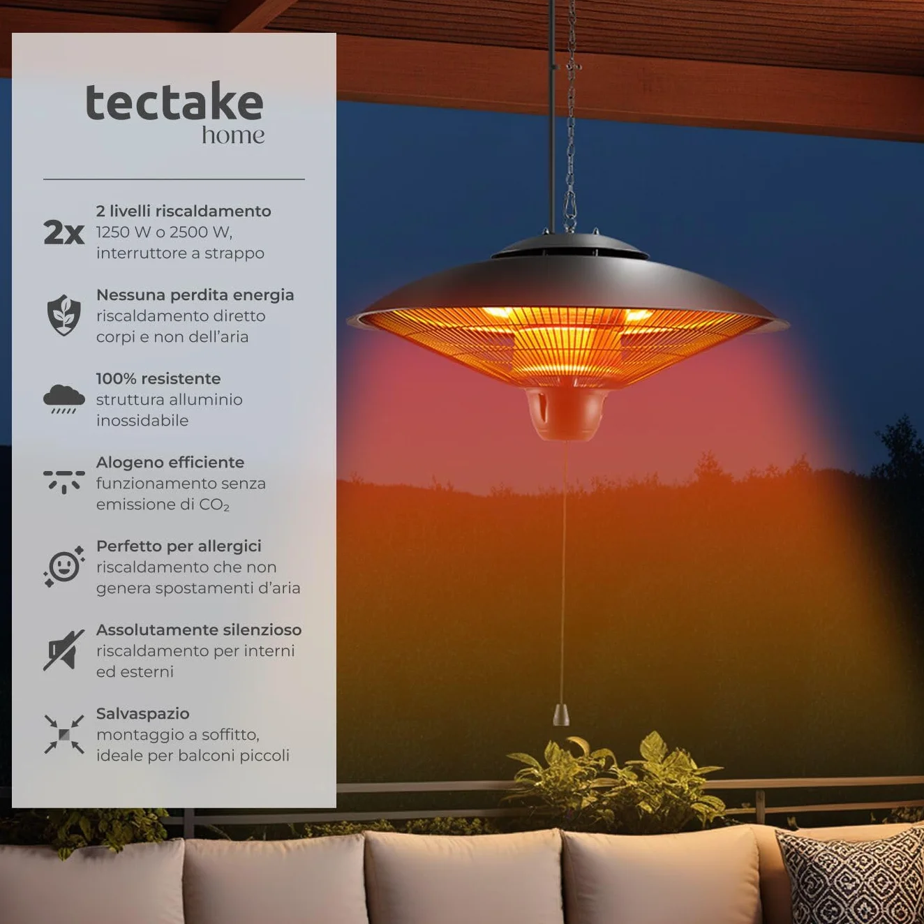 Tectake Riscaldatore a Infrarossi 2500W da Appendere, Struttura in Alluminio Inossidabile, Nero