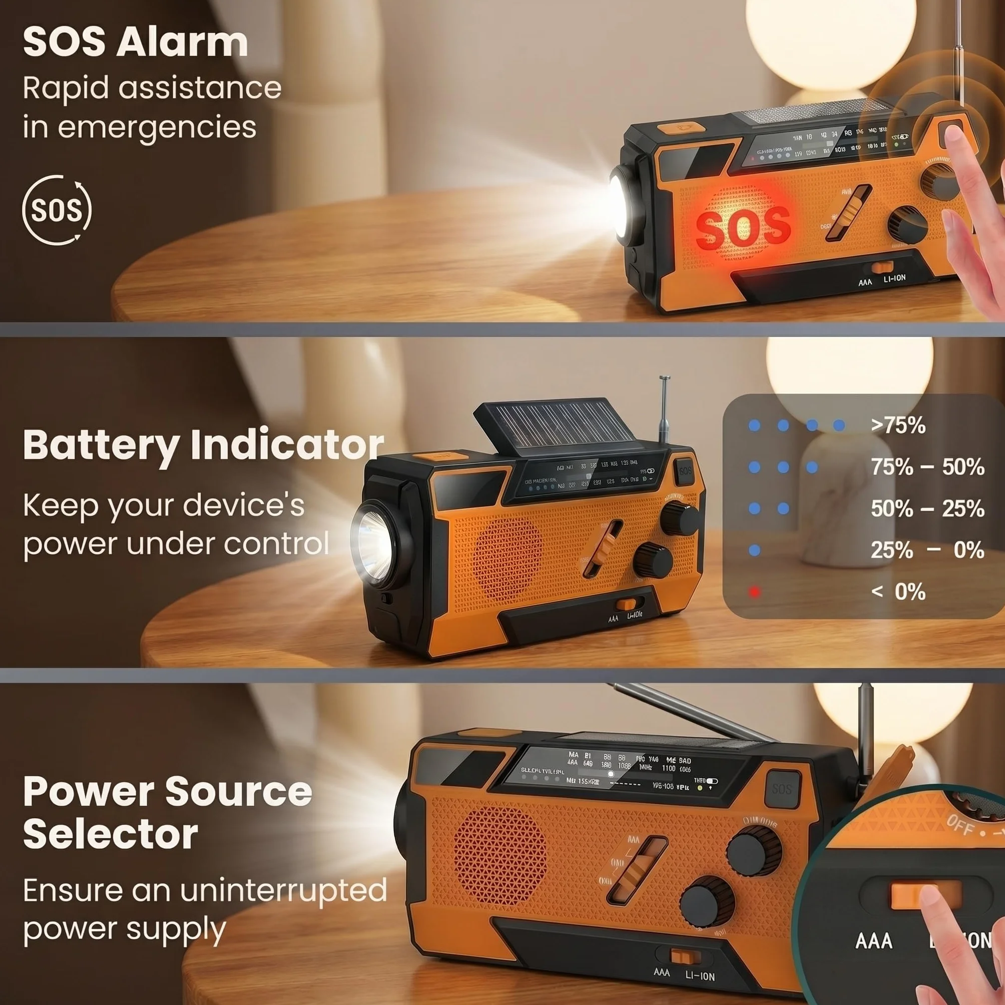 Radio di Emergenza a Manovella con Pannello Solare, Powerbank 2000mAh, Torcia LED SOS