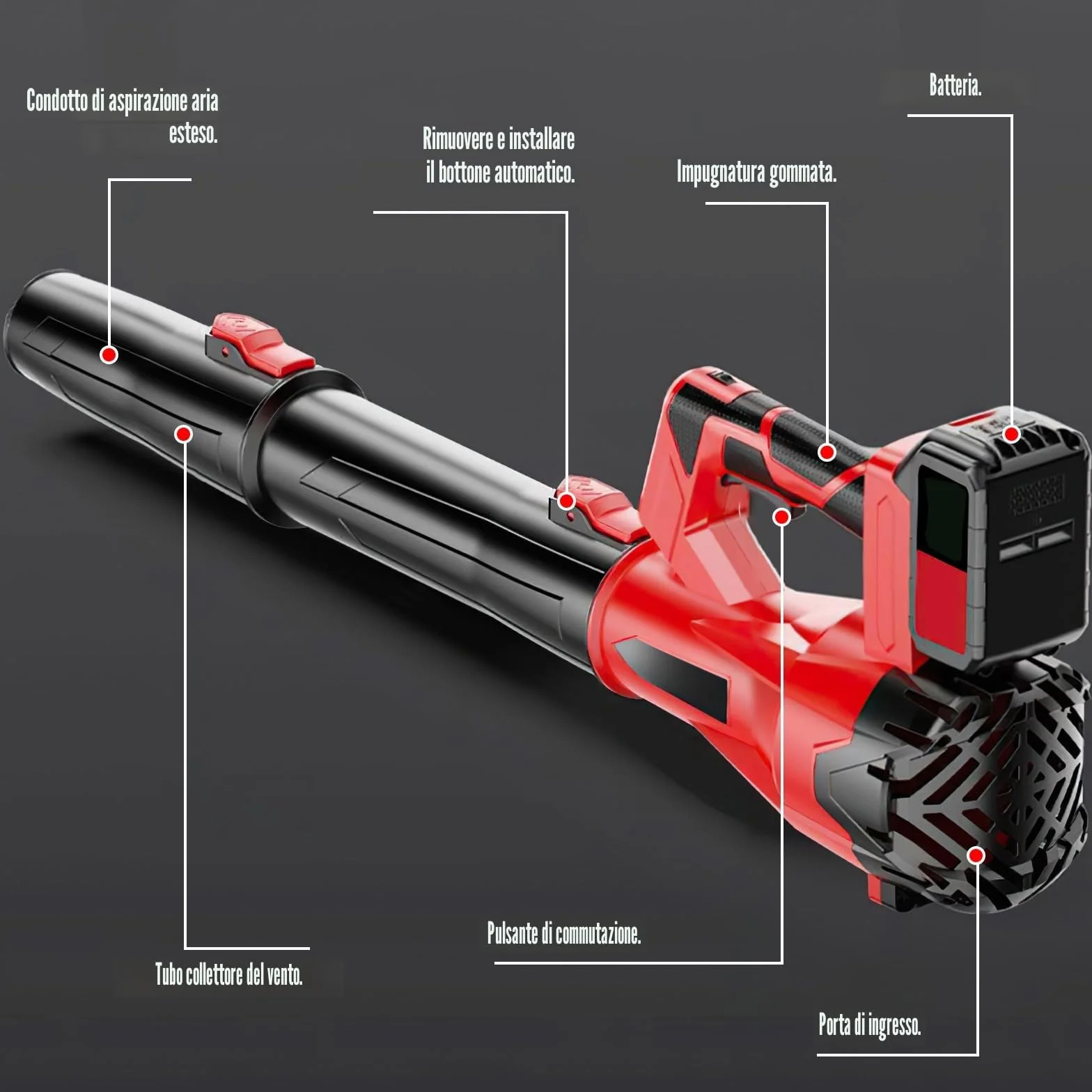 Soffiatore batteria 21 V, soffiatore di foglie senza fili con batteria e caricabatterie, 6 velocità, 210 km/h, soffiatore a foglia potente per giardino, manutenzione del prato e rimozione della neve