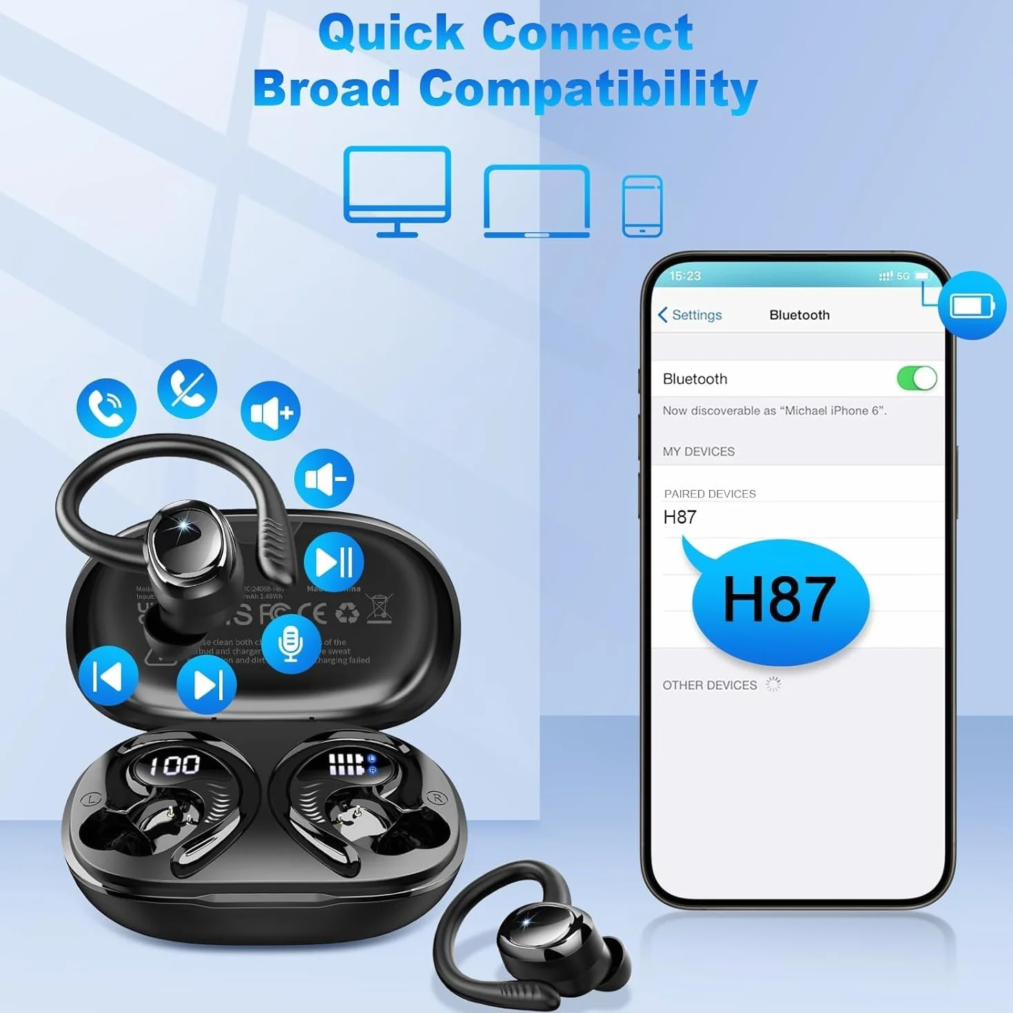 Cuffie Bluetooth Sport Hupoaf 5.4 4 ENC Mic 50 Ore HiFi Stereo IP7 Impermeabili Display LED USB-C Running iOS Android Nero