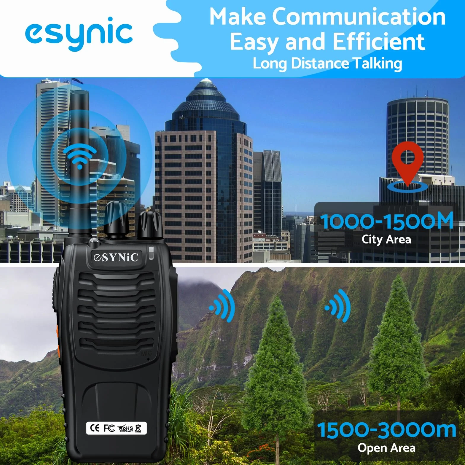 ESYNiC Walkie Talkie PMR 446MHz 0.5W Frequenza Civile Ricetrasmittente Handheld FM 16CH Singola Banda