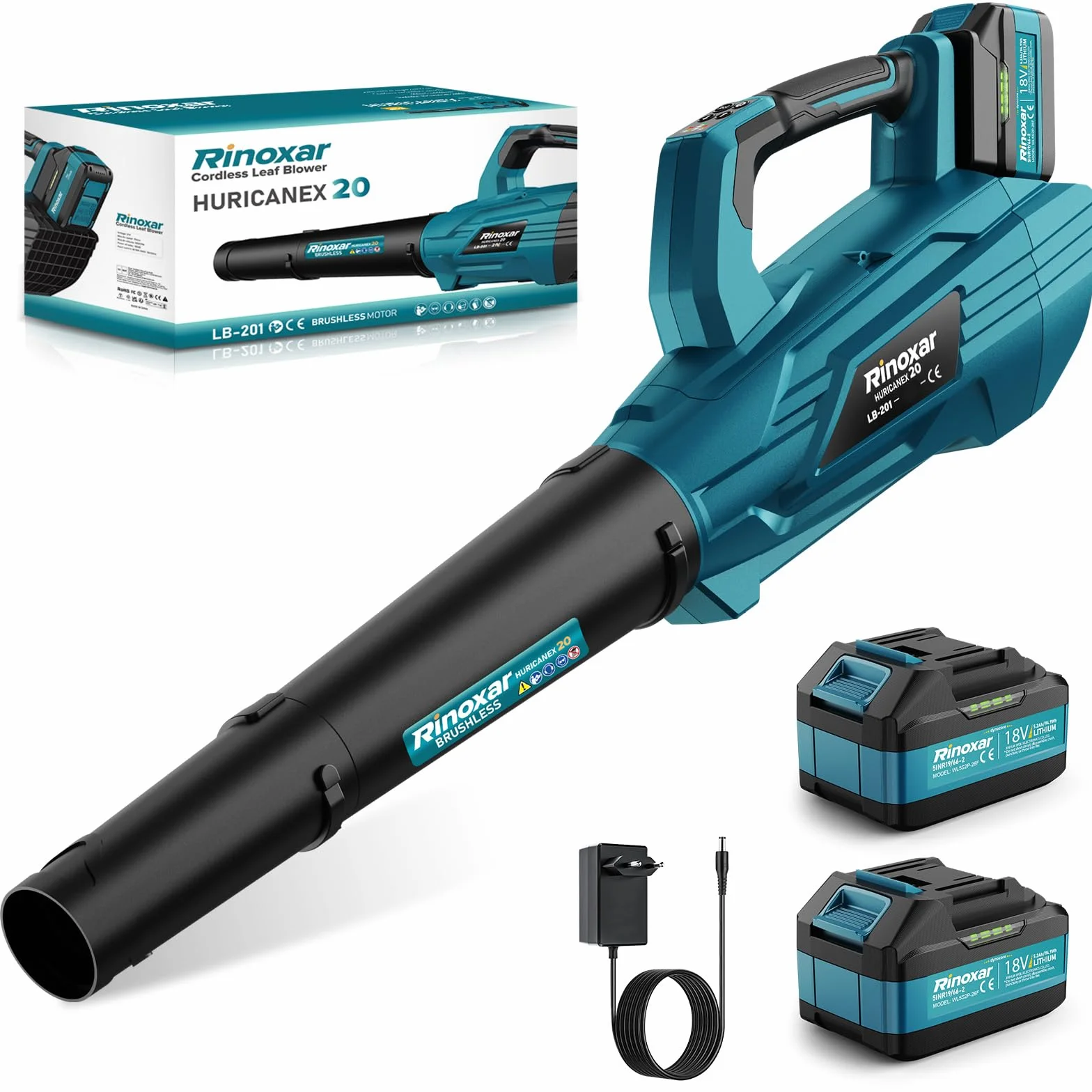 Soffiatore a Batteria, 5 Velocità Soffiatore Elettrico Senza Filo con Motore Brushless, 2 batterie da 5.2Ah/18V, 35.000 RPM, Velocità Aria 180 km/h, Portata Aria 800 m³/h, 2 Ugelli Intercambiabili