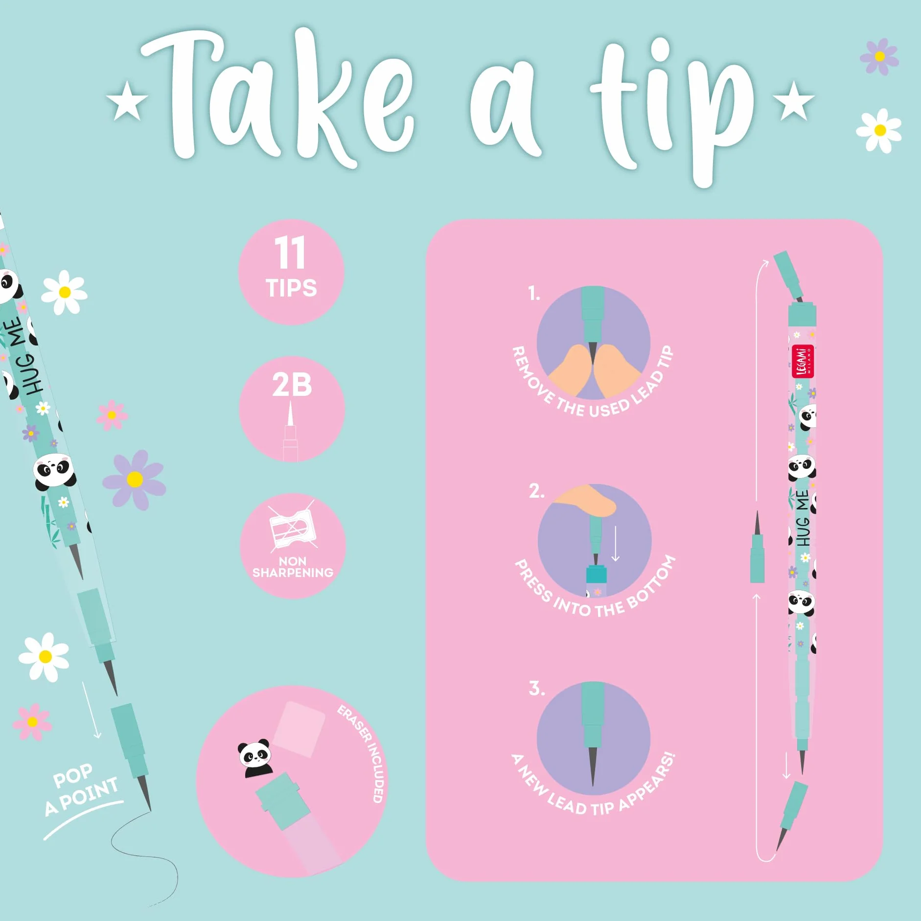 Legami Matita Impilabile con Gomma Take a Tip Panda 11 Mine 2B ABS
