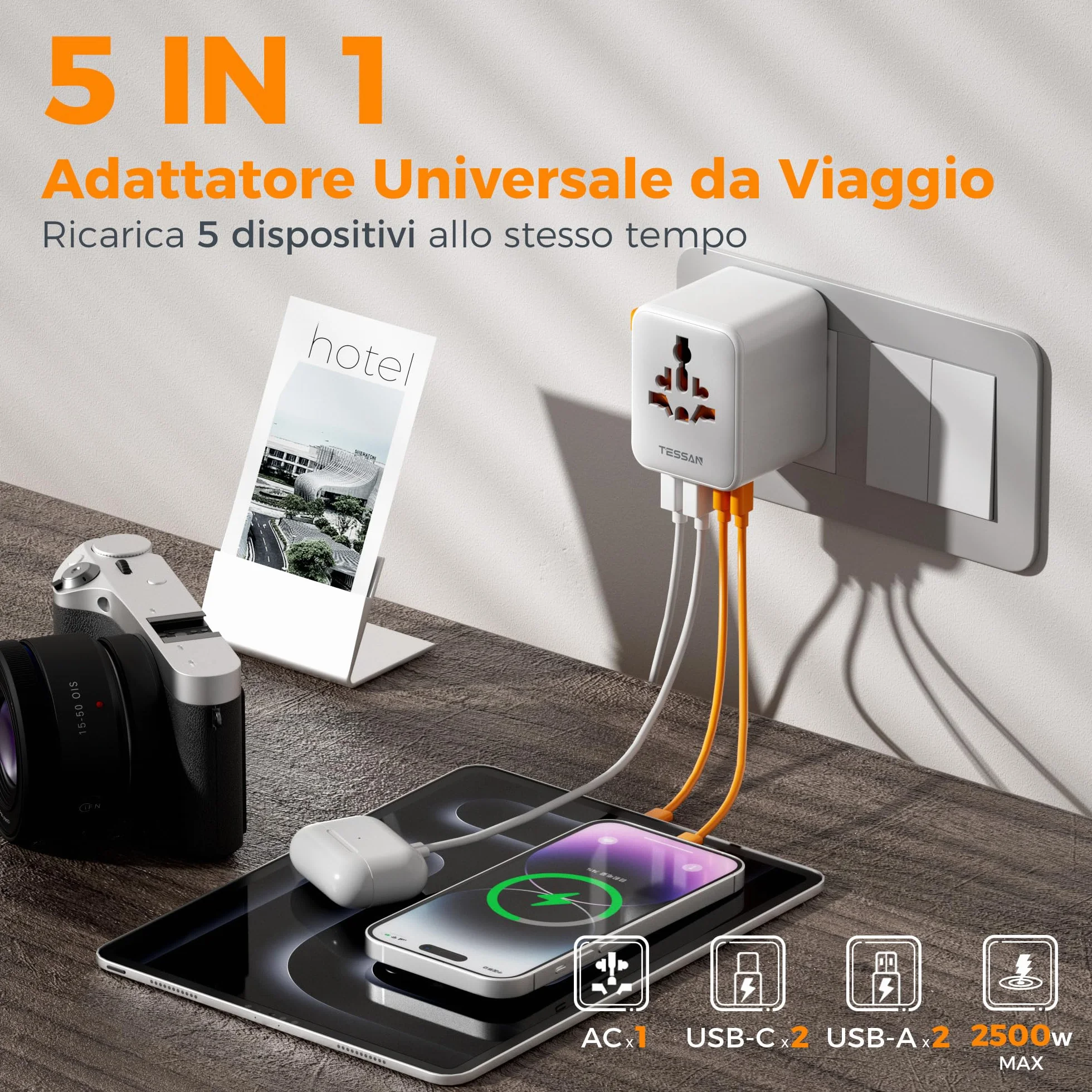 TESSAN Adattatore Universale da Viaggio con 2 USB C e 2 USB A, Presa per Spina Internazionale