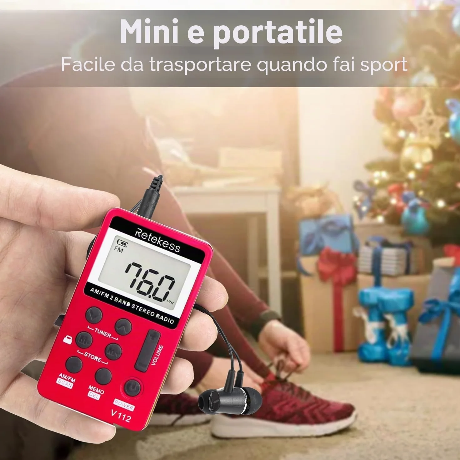 Retekess V112 Mini Radio Portatile AM FM Ricaricabile con Cuffie a Batteria Rosso