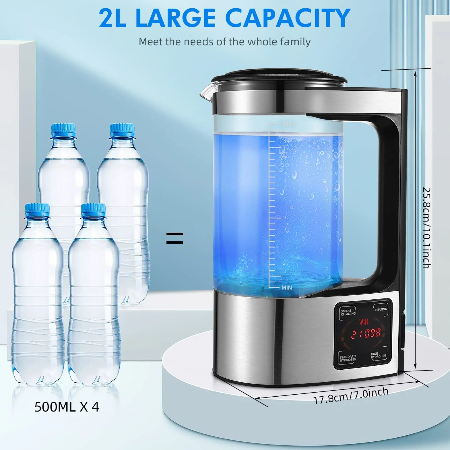 Generatore di acqua a idrogeno 2L con tecnologia SPE e PEM, versione migliorata Generatore di idrogeno ricco di idrogeno con schermo LED touch e termostato Hydrogen Water Lonizer per la casa