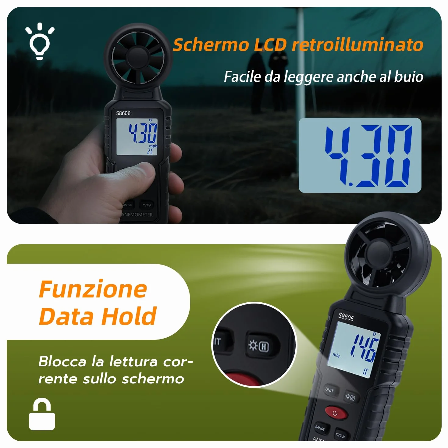 Anemometro Portatile 3 in 1 Misuratore di Velocità del Vento per Esterni Nela Surf Volo