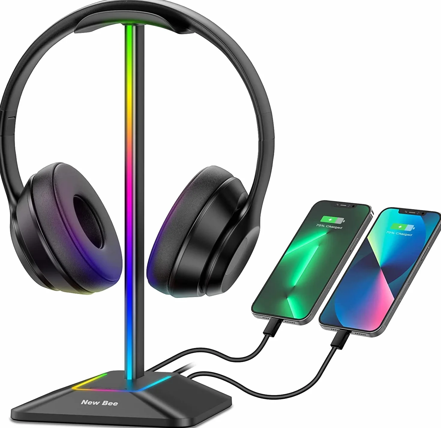 New Bee Supporto Porta Cuffie da Gioco RGB USB-C Caricabatterie Trasferimento Dati Universale Scrivania Nero