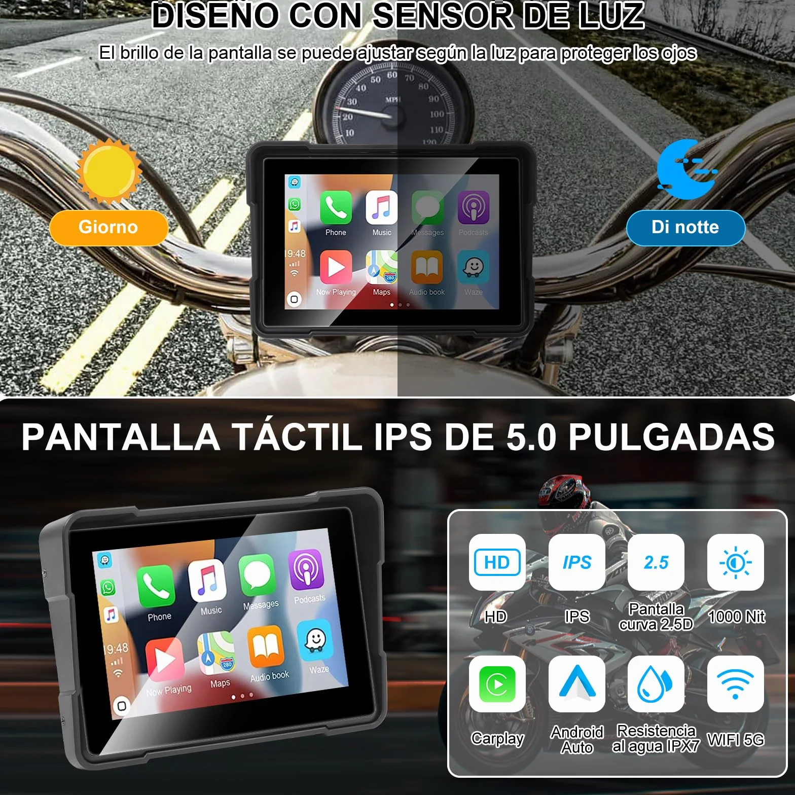 Navigatore Auto Portatile CarPlay Android Auto per Moto 5 Pollici Impermeabile Touchscreen