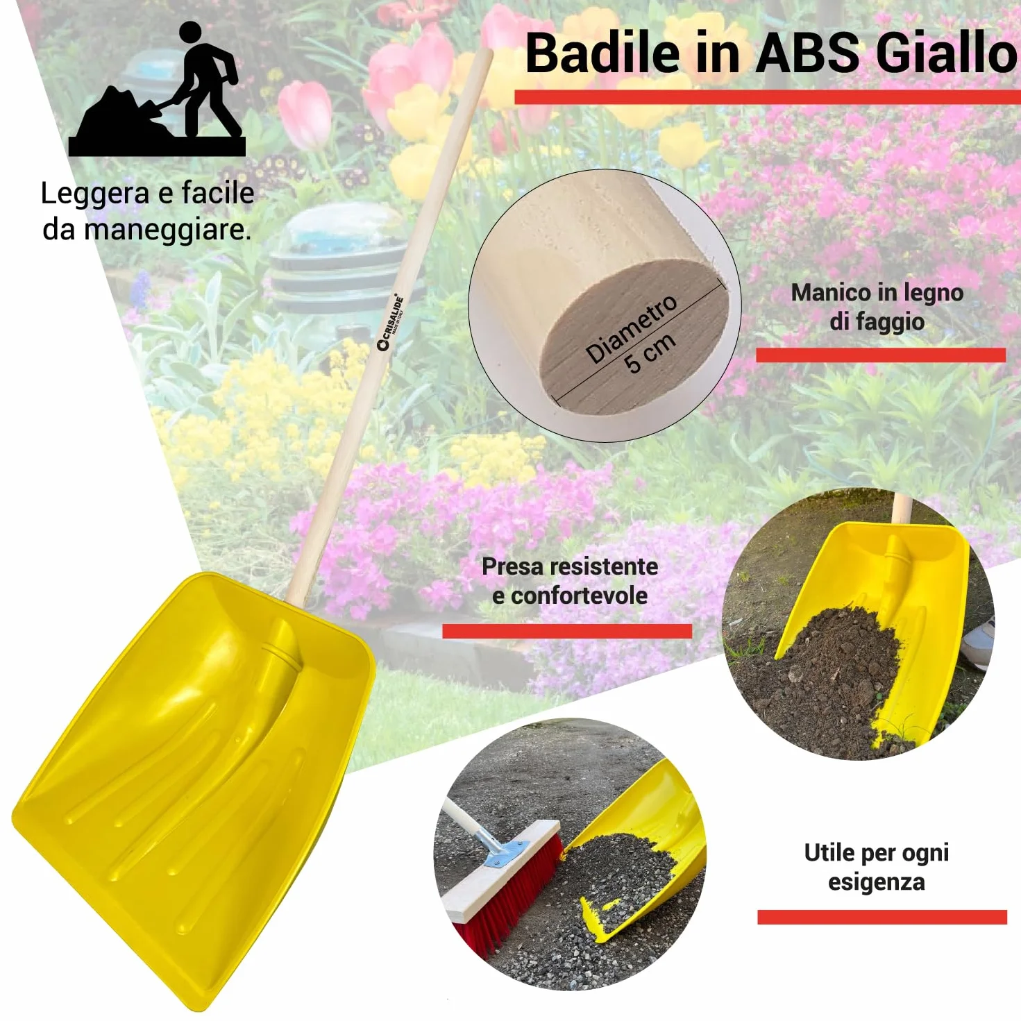 Crisalide® - Badile Super Resistente 37x42 cm con Manico in Legno - Versatile per Uso Agricolo, Giardinaggio e Lavori Pesanti, Multiuso, Pala da Neve