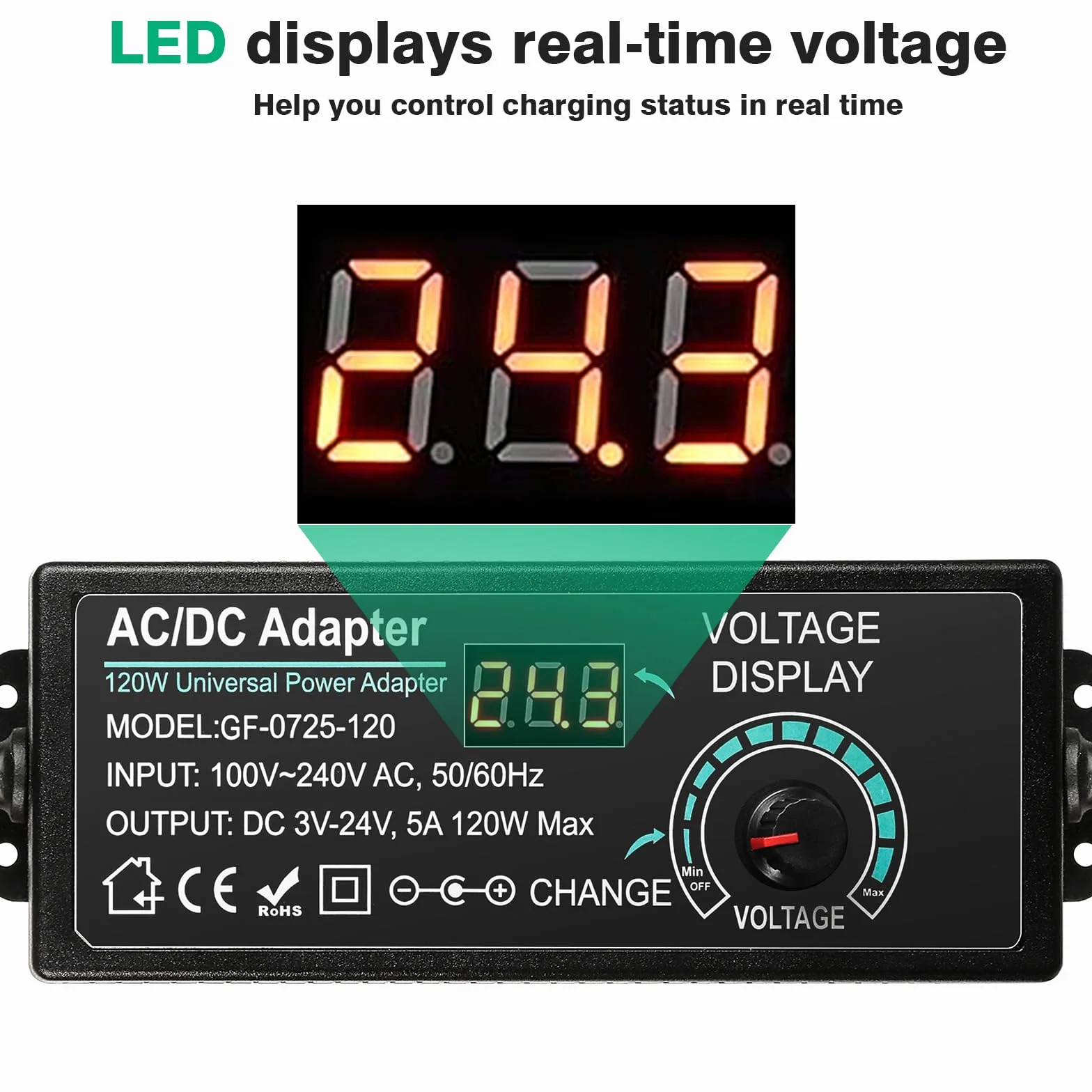 Alimentatore Universale 120W Regolabile 3V 5V 6V 12V 24V DC con USB 14 Connettori Spina Europea AC100-240V