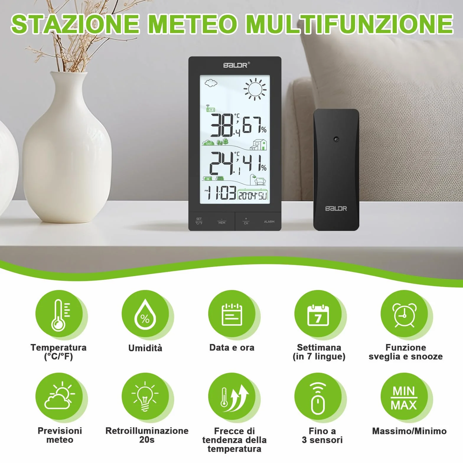 Stazione Meteo con Sensore Esterno, Display LCD 6.0", Termometro Igrometro, Previsioni, Sveglia Snooze