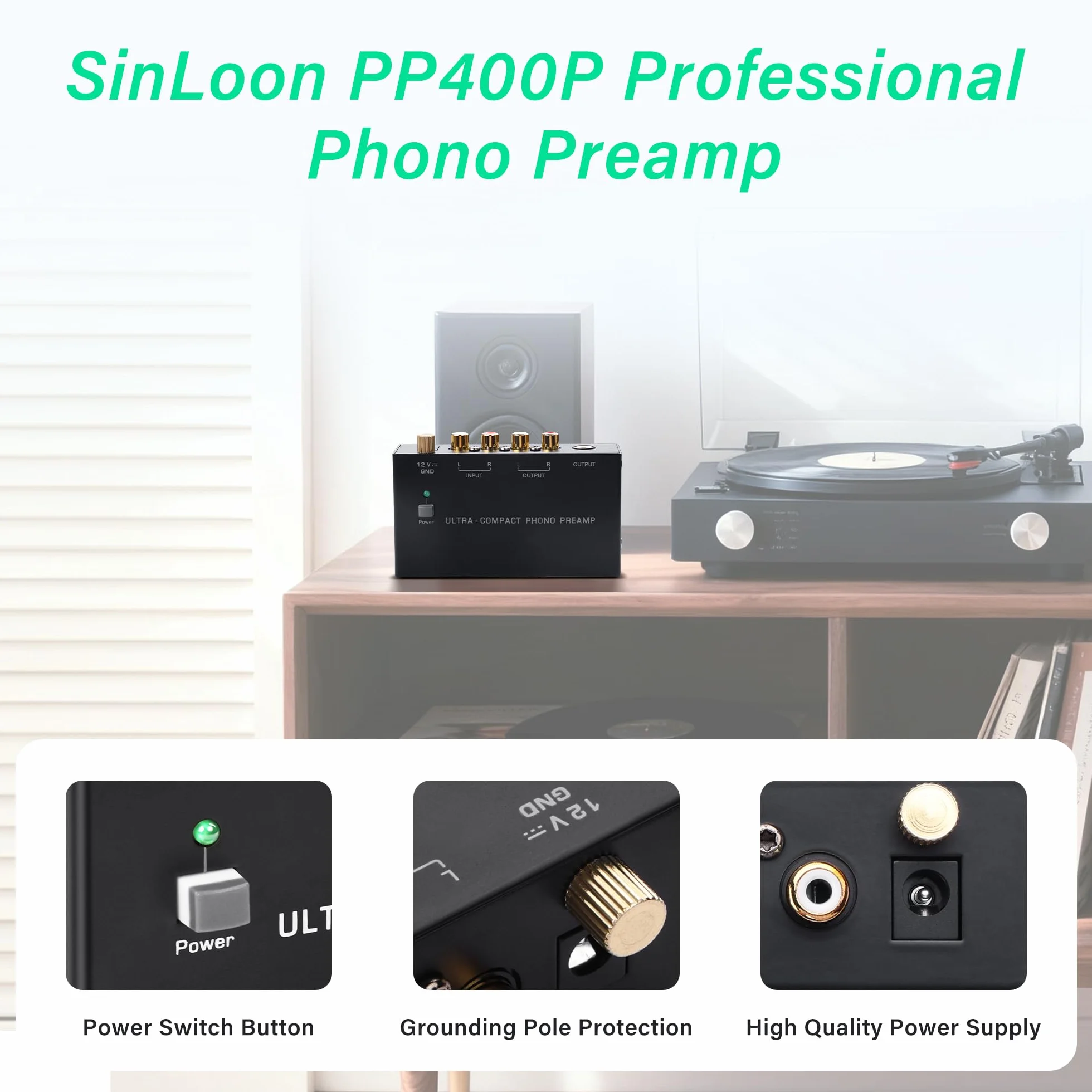 SinLoon PP400P Phono Preamp z podwójnym wyjściem RCA i ¼ cala, przełącznik zasilania, niski poziom szumów, czarny