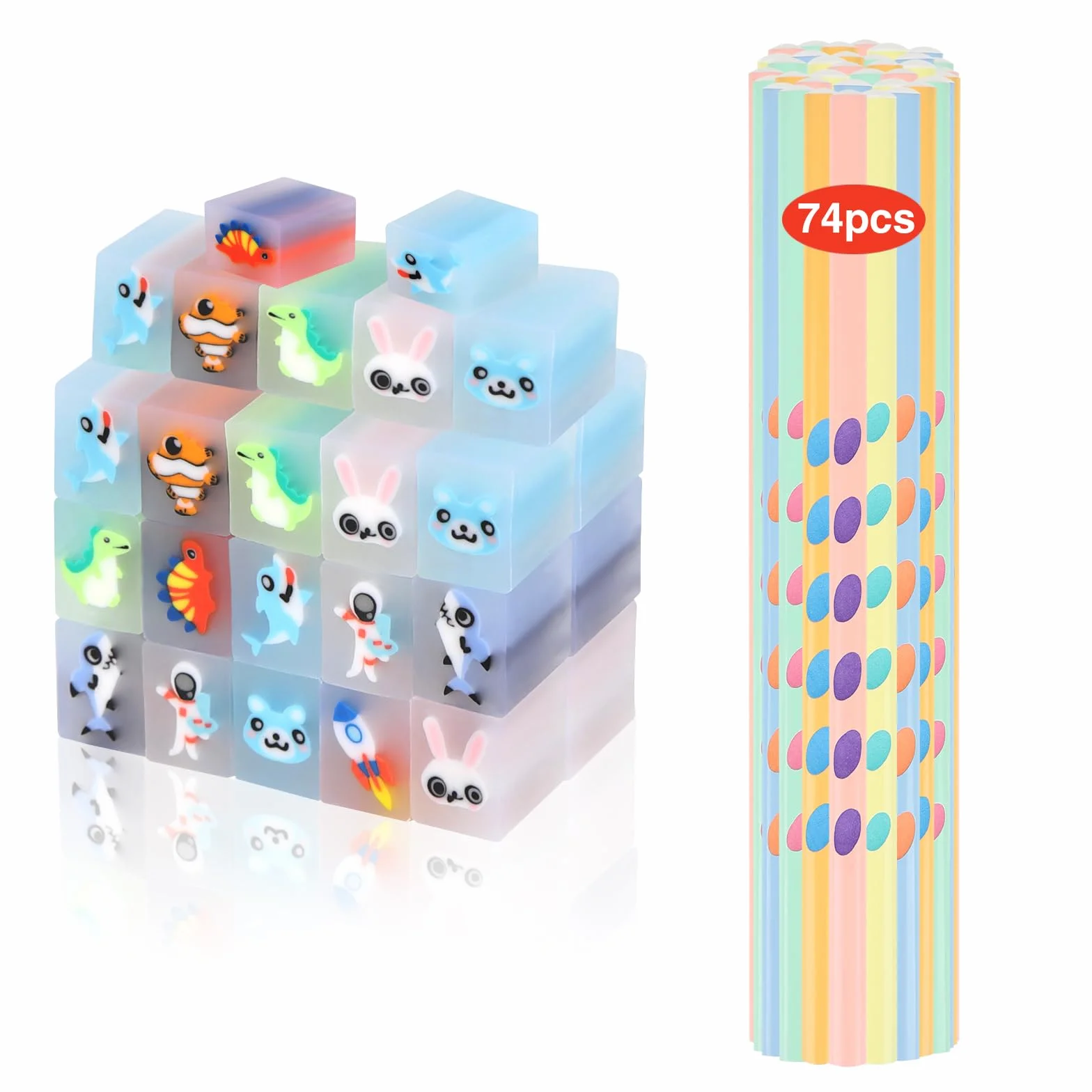 Matite con Gomma Bambini 74Pcs, 37 Gomme Cancellare & 37 Matite per Festa Compleanno