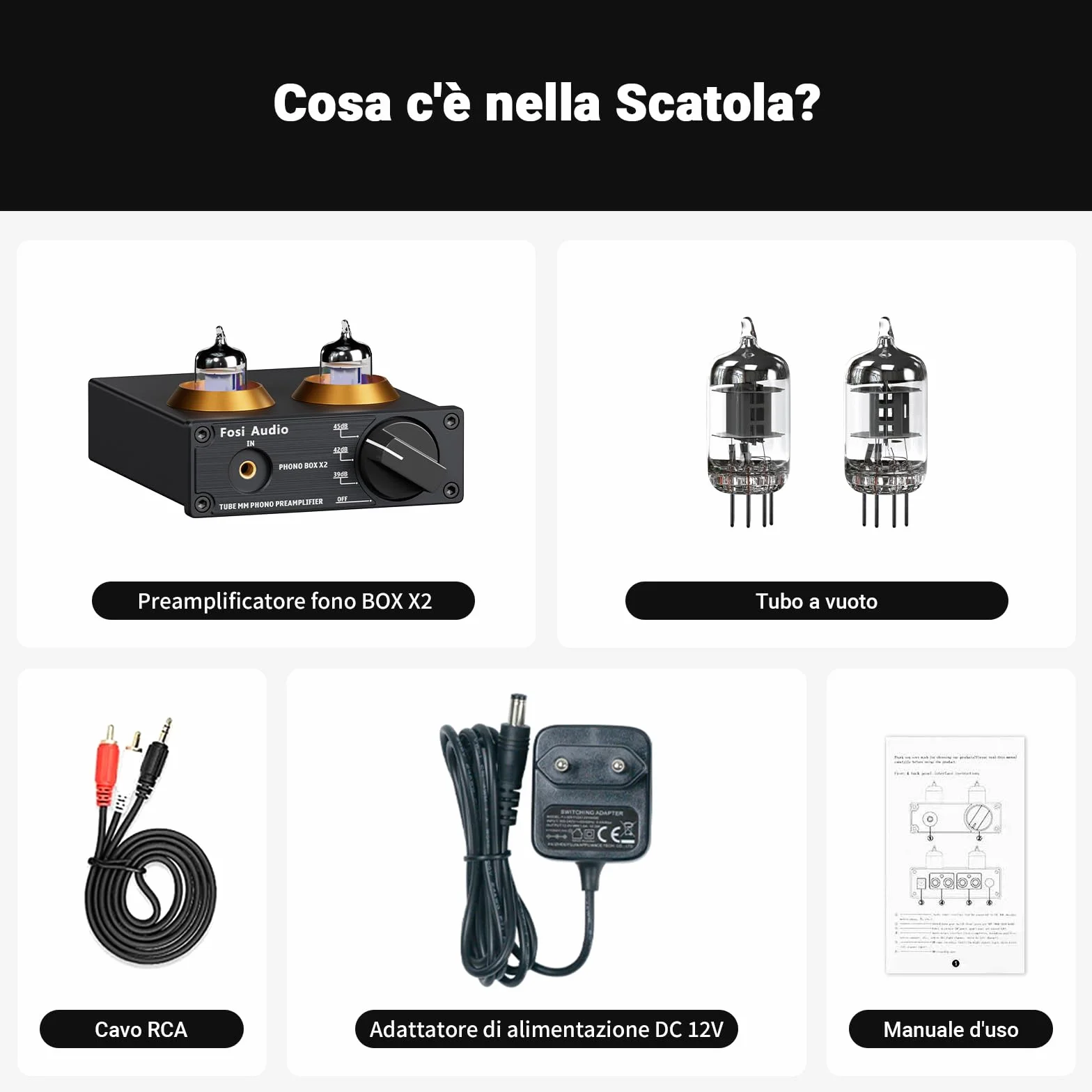 Fosi Audio BOX X2 Preamplificatore Phono MM, Guadagno Commutabile, Valvolare Tubo Sostituibile, Hifi RCA/AUX 3,5 mm