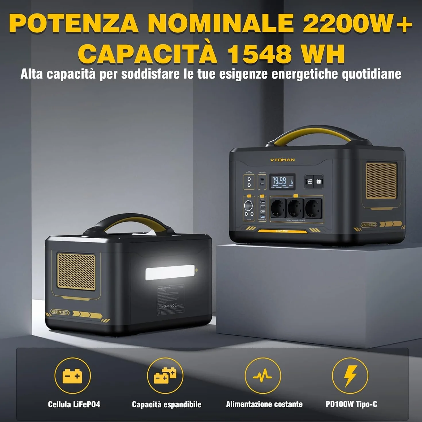 VTOMAN Jump 2200 Centrale Elettrica Portatile da 2200W, Generatore Solare da 1548Wh con Capacità Espandibile, con Avviatore, Potenza in Ingresso Potenziata a 400W