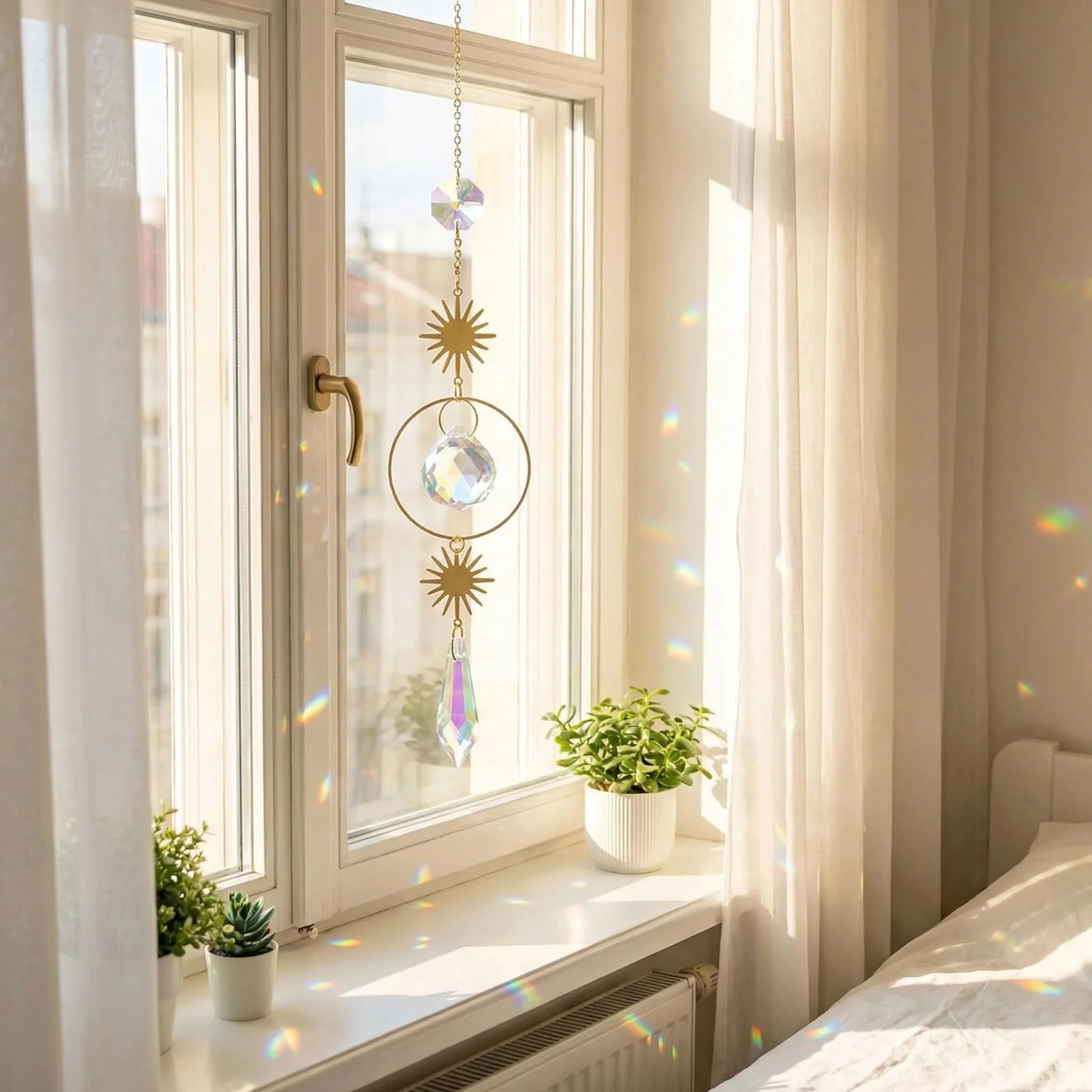 Acchiappasole, 2 Pezzi 40 cm Campanelli in Cristallo di Vetro Prismatico, Cristalli Pendenti Sun Catchers Decorazione Finestra, Suncatcher Appeso con Pendente Arcobaleno per Finestra Giardino
