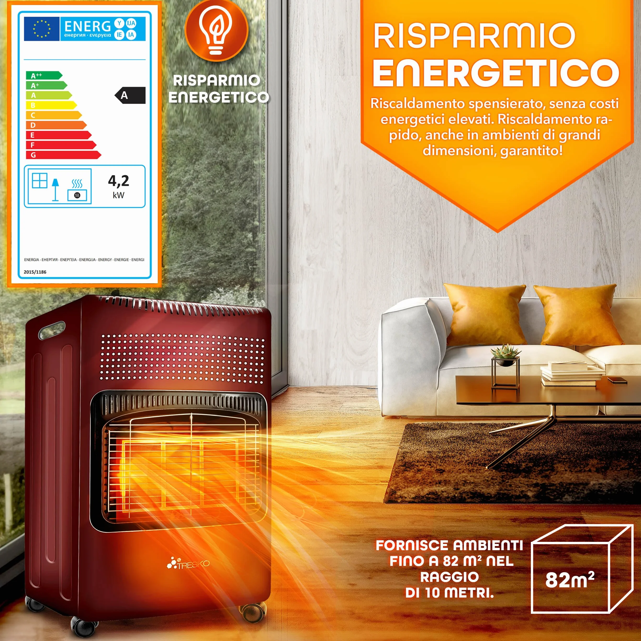 TRESKO Stufa a Gas 4200 Watt, Riscaldatore con Regolatore di Pressione, 3 Livelli, Rosso
