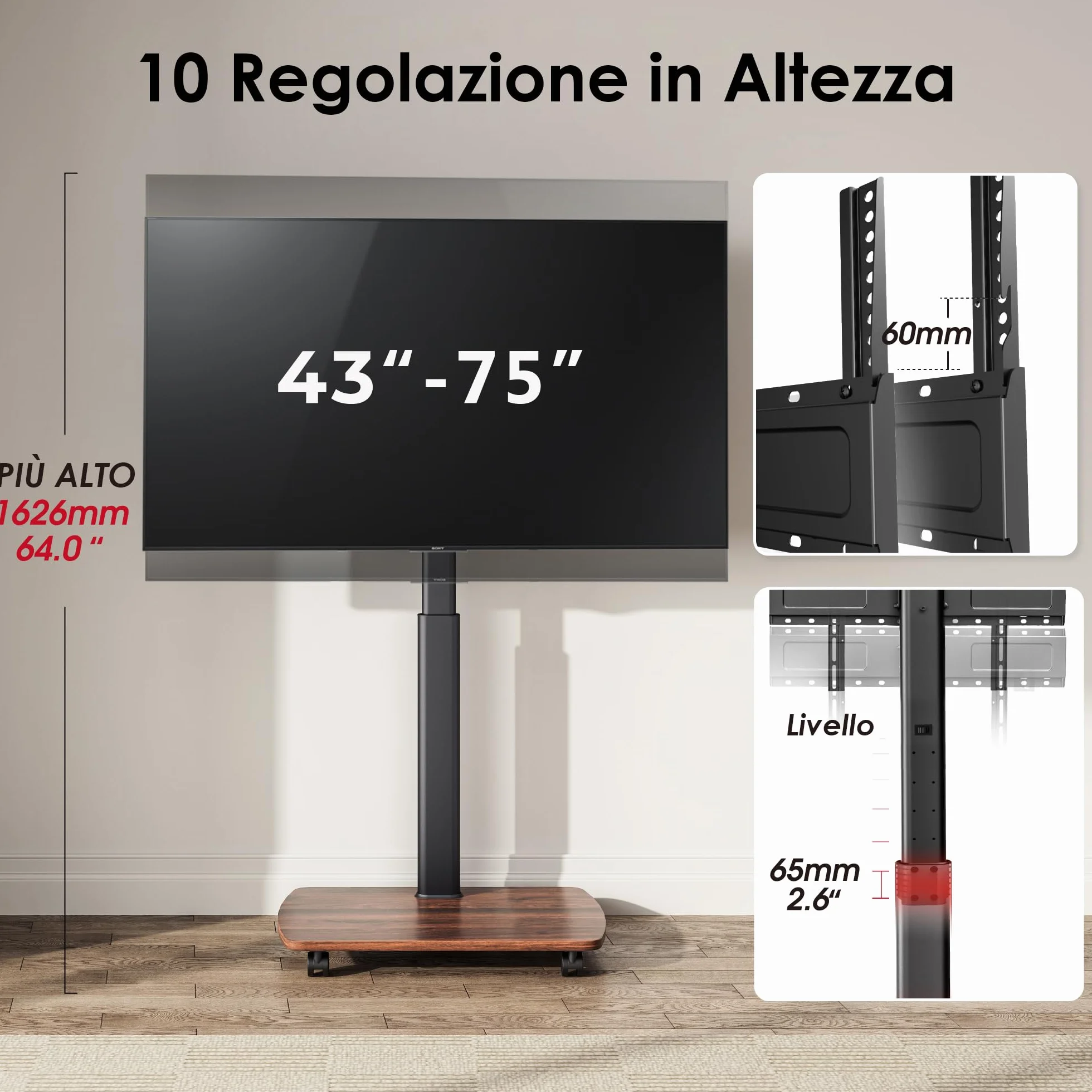 AOKCOS Carrello Porta TV con Ruote per 43-75 Pollici, Supporto TV da Pavimento Girevole e Regolabile in Altezza, Inclinabile, Base in Legno, VESA 600x400mm 50kg