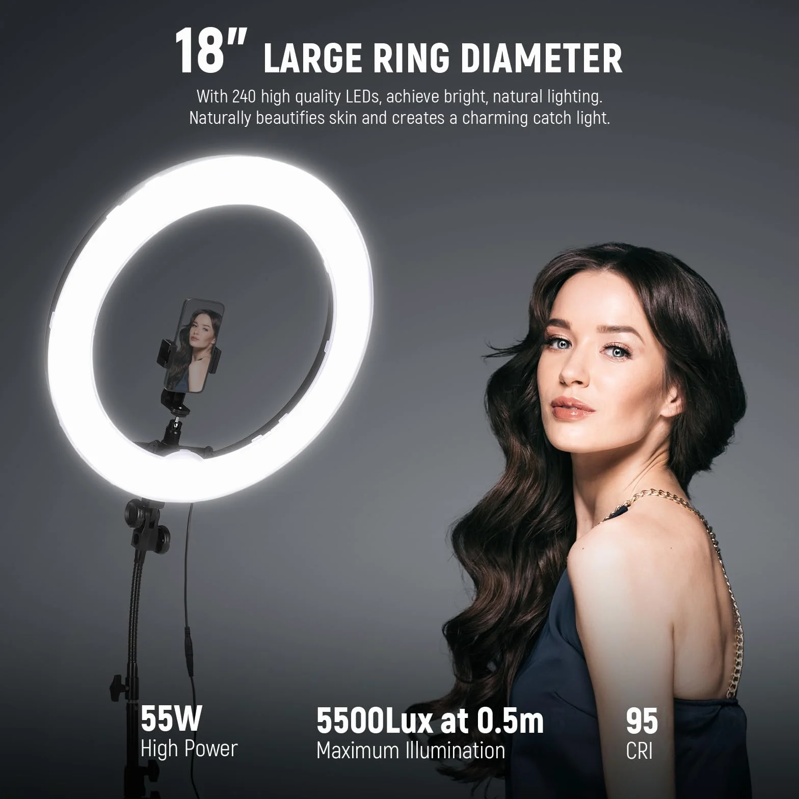 NEEWER Luce ad Anello LED 48cm 55W 5600K Dimmerabile con Stativo Bluetooth per Smartphone
