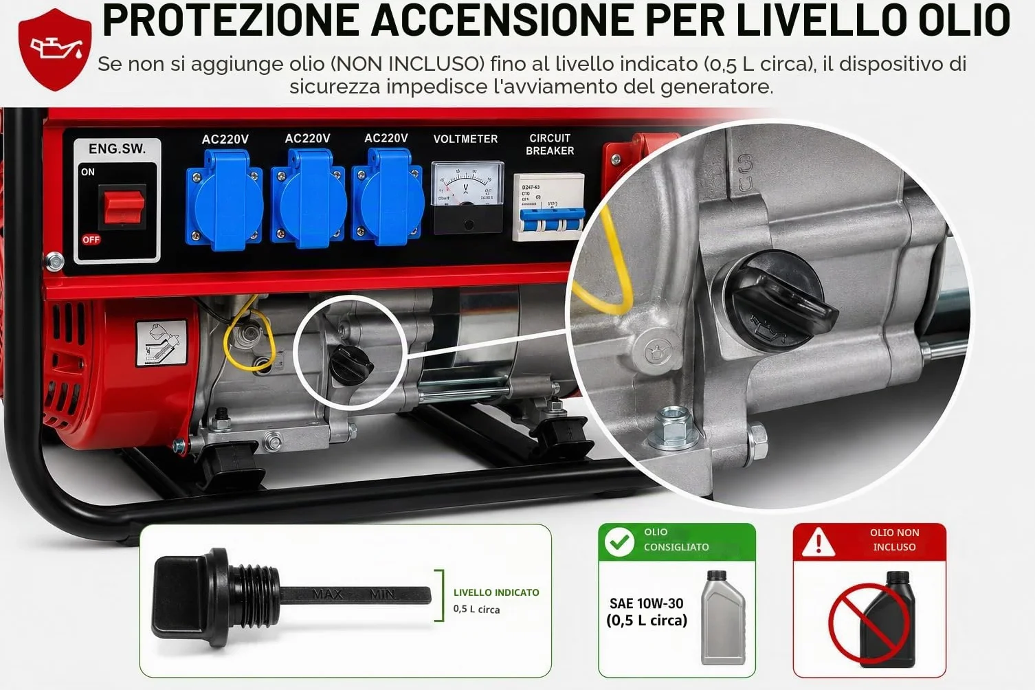 SVE Generatore elettrico a benzina 15 l, 5500 W, 230/380 V, 4 prese (2500 W, trifase, 3000 W, monofase), motore a 4 tempi