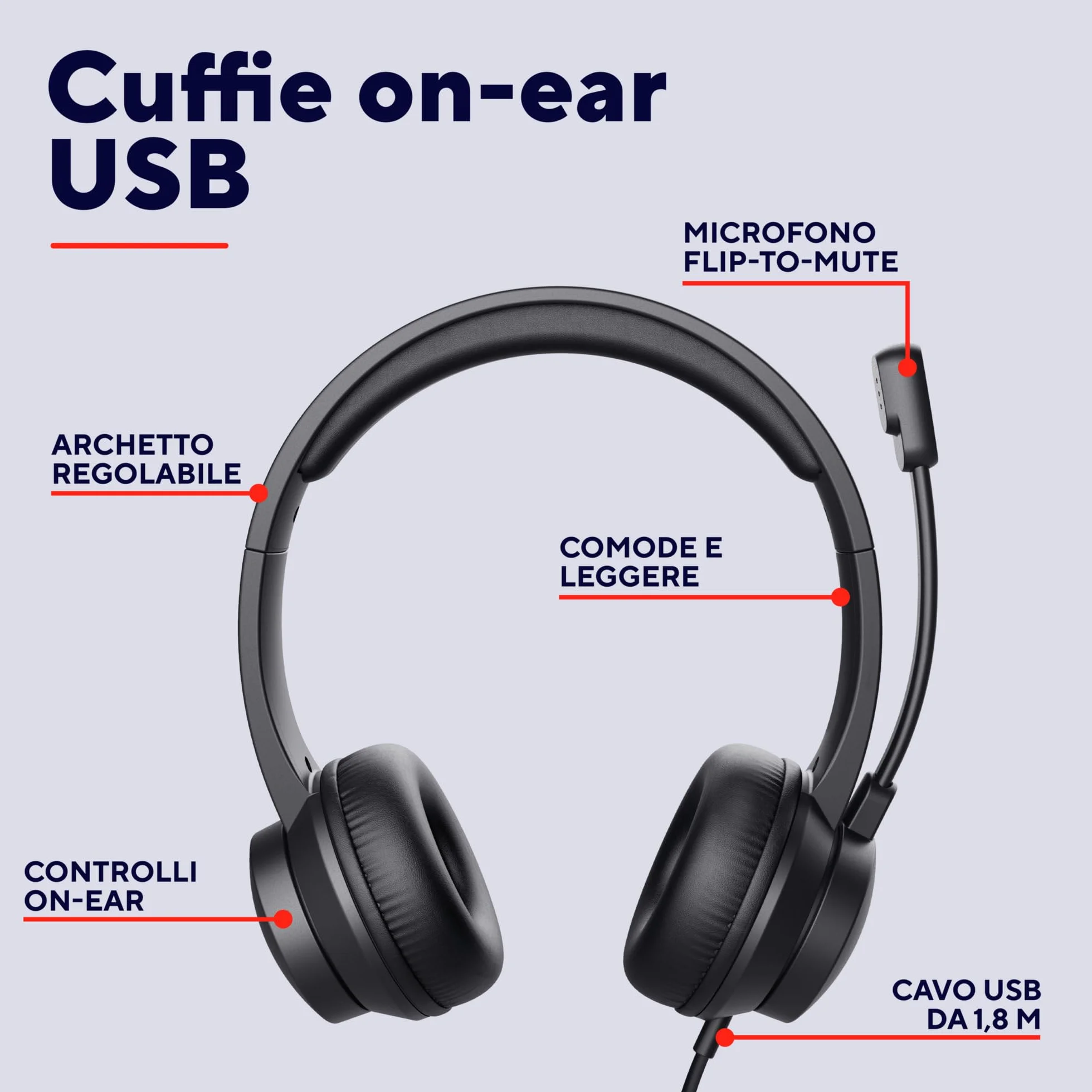 Trust USB Cuffie con Microfono Leggere On-Ear, Auricolari con Filo 1,80 m, Archetto Regolabile, Headphones Cablato per PC Laptop Nero