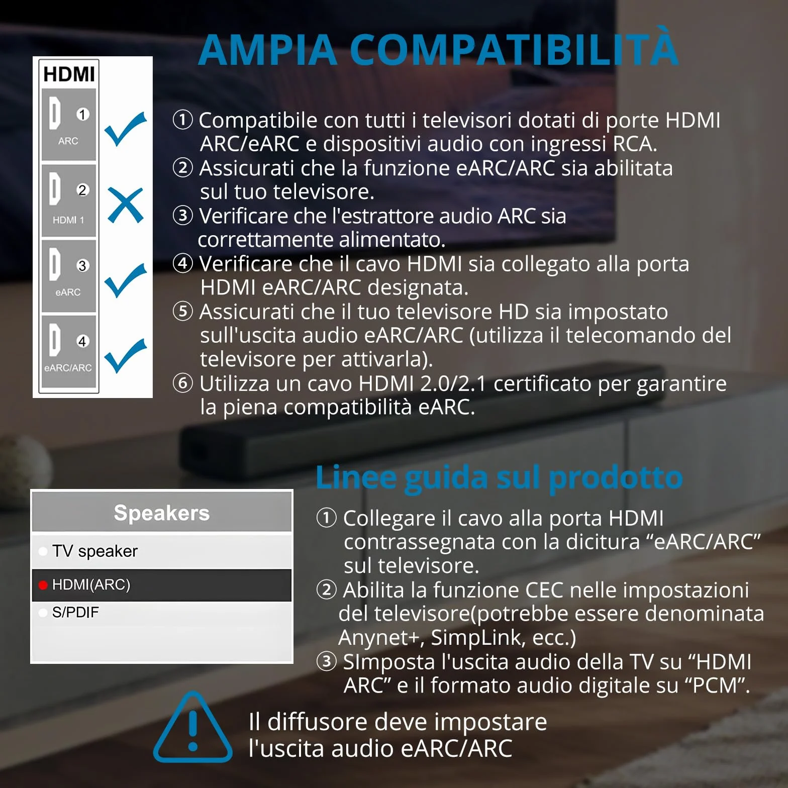 AUTOUTLET Convertitore Audio HDMI eARC/ARC a RCA 192KHz/24bit Supporta CEC PCM 2.0 Cavo 150 cm