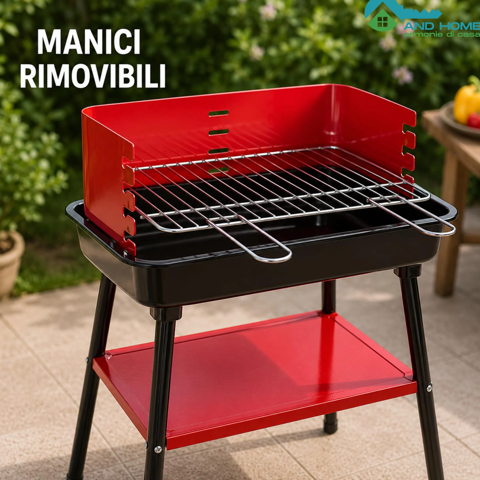Barbecue Carbonella Rettangolare Stabile 4 Posizioni Cottura Griglia Cromata Rimovibile 53x34,5 cm Acciaio Carbonio