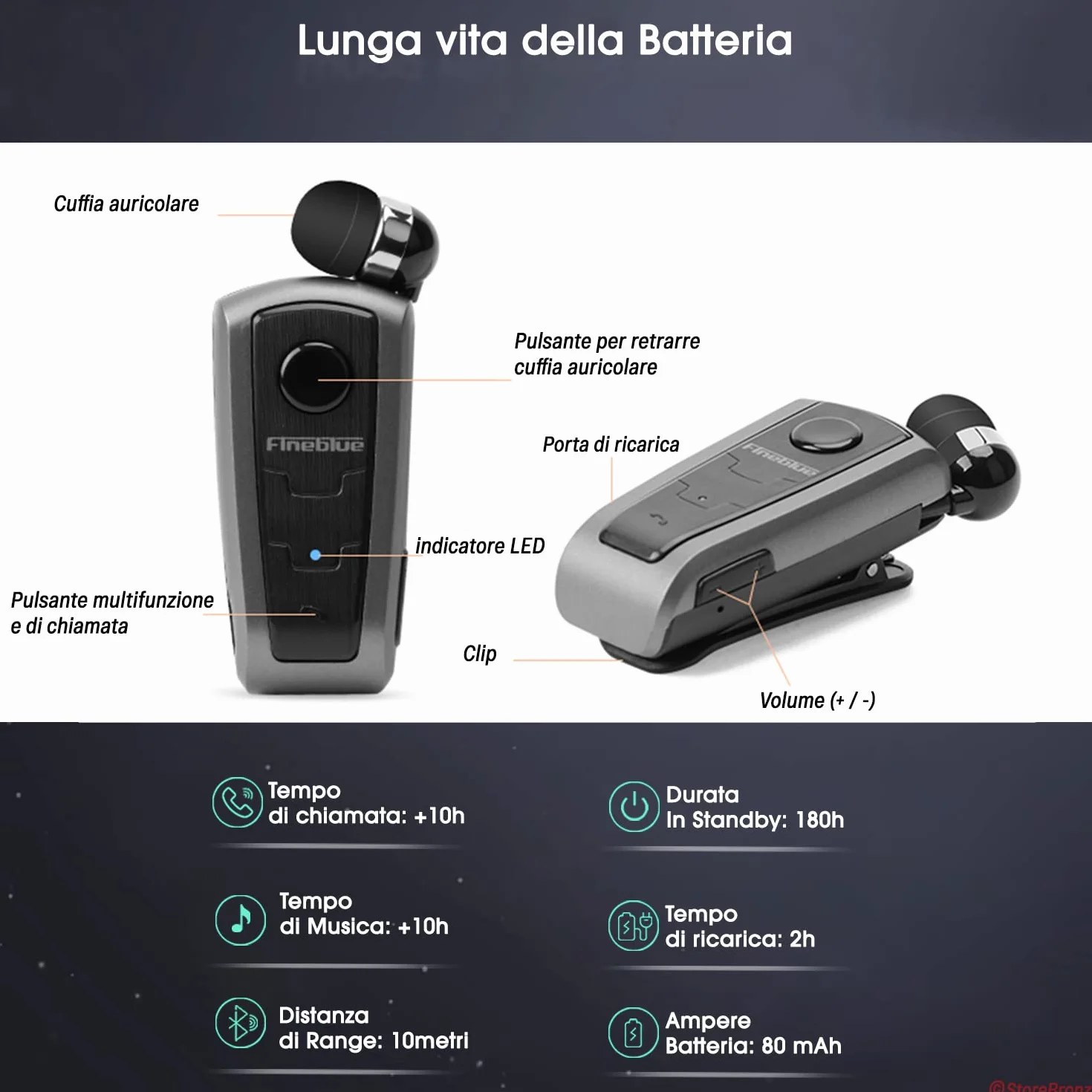 Fineblue F910 Auricolari Bluetooth Smartphone Con Clip Filo Retrattile In Ear Avviso a Vibrazione Microfono Cancellazione Rumore Nero
