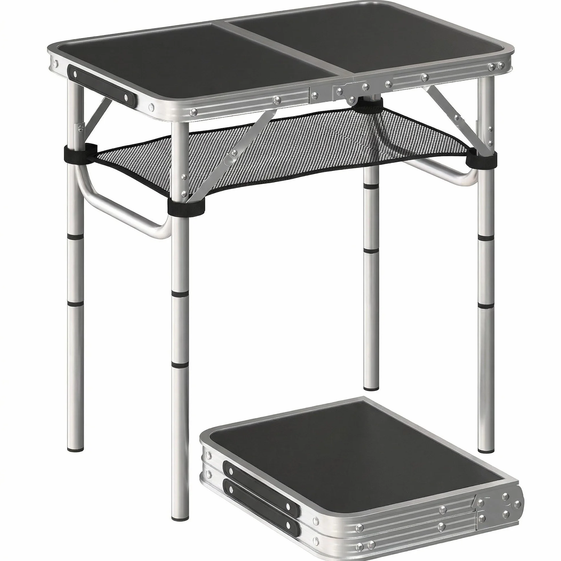 Outsunny Tavolo da Campeggio Pieghevole 60 cm, Tavolo da Picnic con Strato di Rete, 4 Livelli di Altezze Regolabili e Maniglia per il Trasporto, Nero
