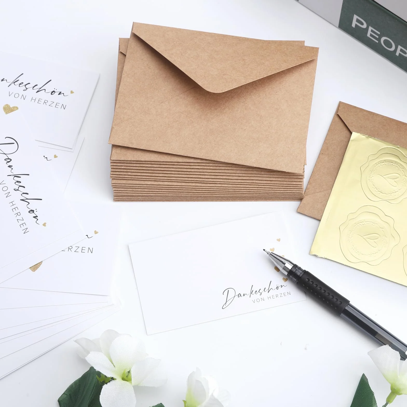 VOSSOT 20 biglietti di ringraziamento 9x5,4 cm con buste in carta kraft e sigillo dorato