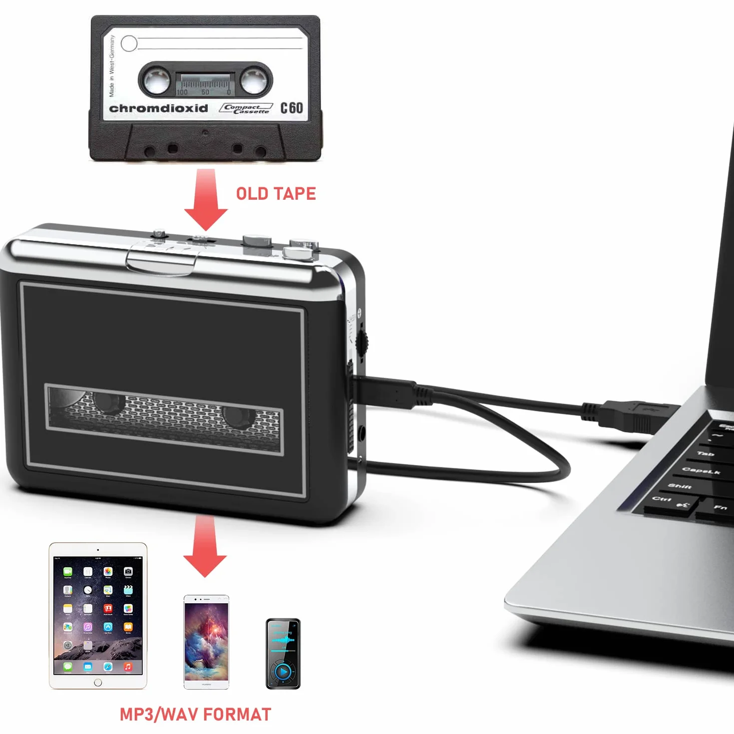Lettore di cassette retrò USB per digitalizzazione e registrazione audio, compatibile con laptop e PC