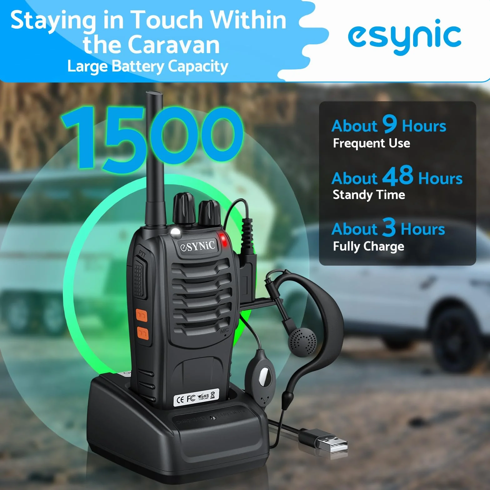 ESYNiC Walkie Talkie PMR 446MHz 0.5W Frequenza Civile Ricetrasmittente Handheld FM 16CH Singola Banda