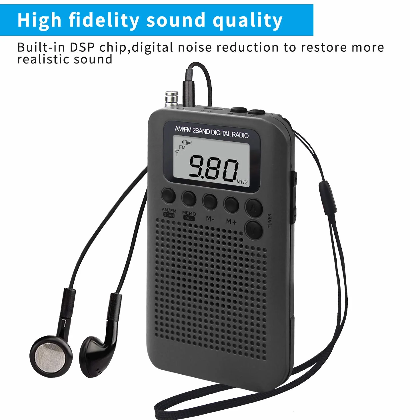 Mini Radio Tascabile AM/FM Portatile Digitale con Altoparlante Trasparente Lettore Musicale Sveglia Timer Auricolare