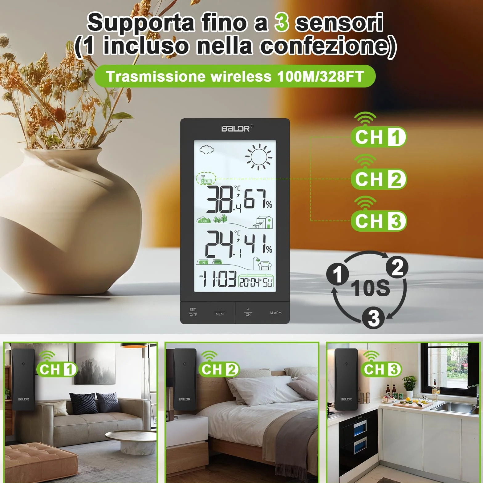 Stazione Meteo con Sensore Esterno, Display LCD 6.0", Termometro Igrometro, Previsioni, Sveglia Snooze