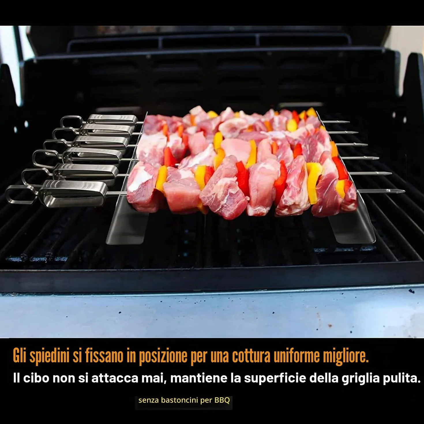 Griglia per spiedini per 6 spiedini. Realizzato in Metallo Acciaio Inox. Lunghezza Rack 30 cm, Altezza 4 cm, Larghezza Base 3,5 cm (6 Pezzi