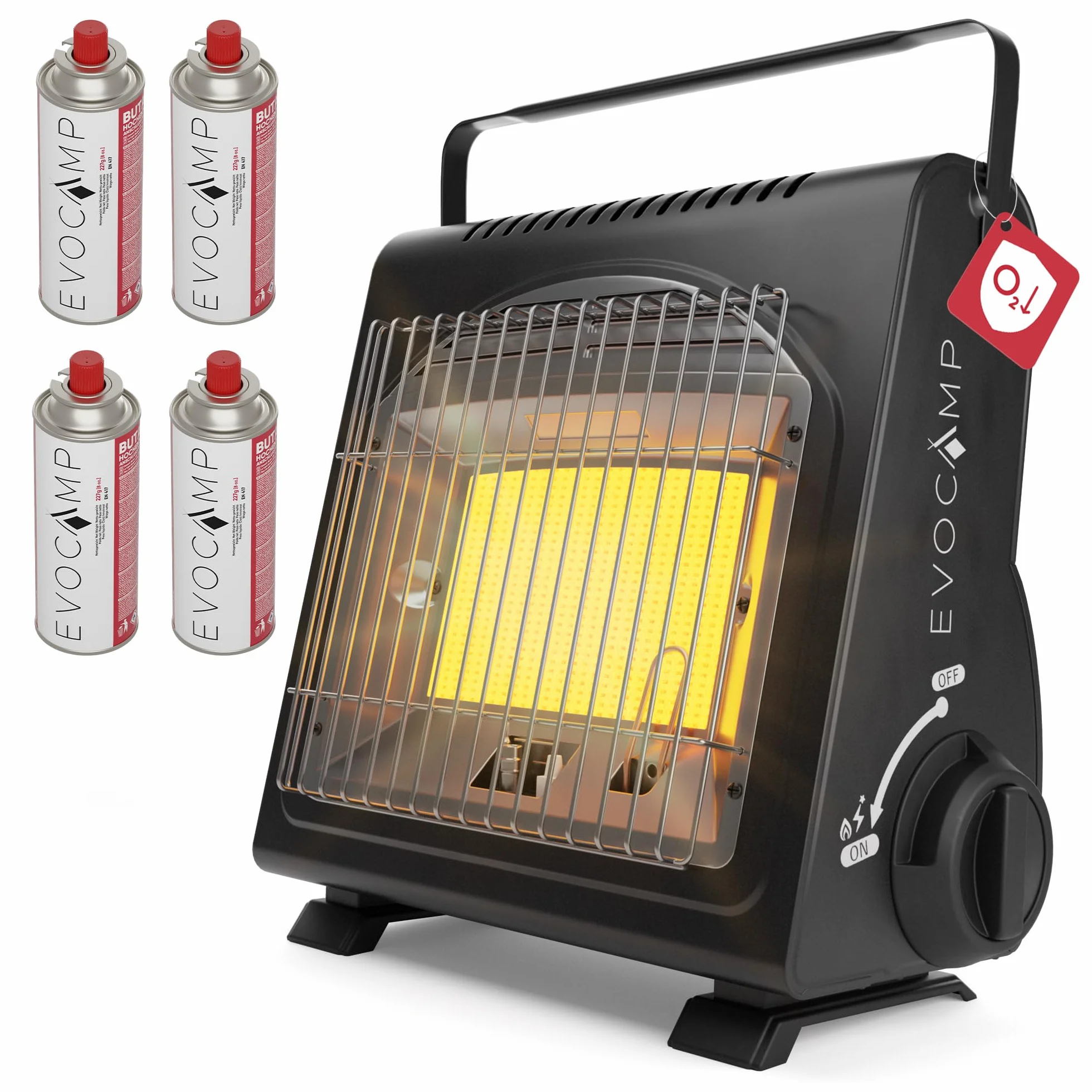 EVOCAMP Riscaldatore a gas portatile, riscaldatore da campeggio 1,7 kW, riscaldatore a gas per esterni con sistema di sicurezza contro la carenza di ossigeno (+ 4 cartucce di gas)