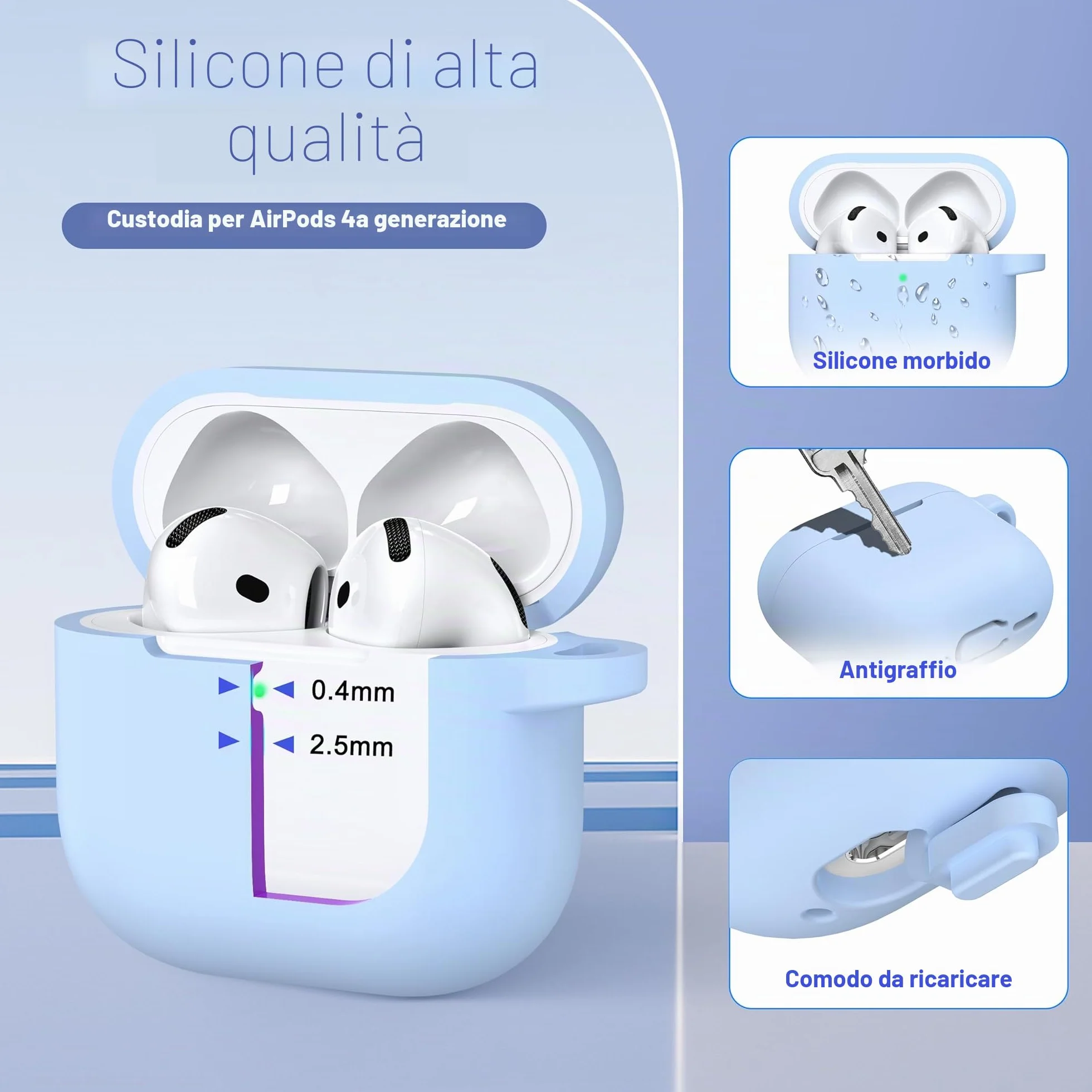 Custodia AirPods 4 2024 Silicone Morbido Grado Militare con Portachiavi Azzurro Cielo