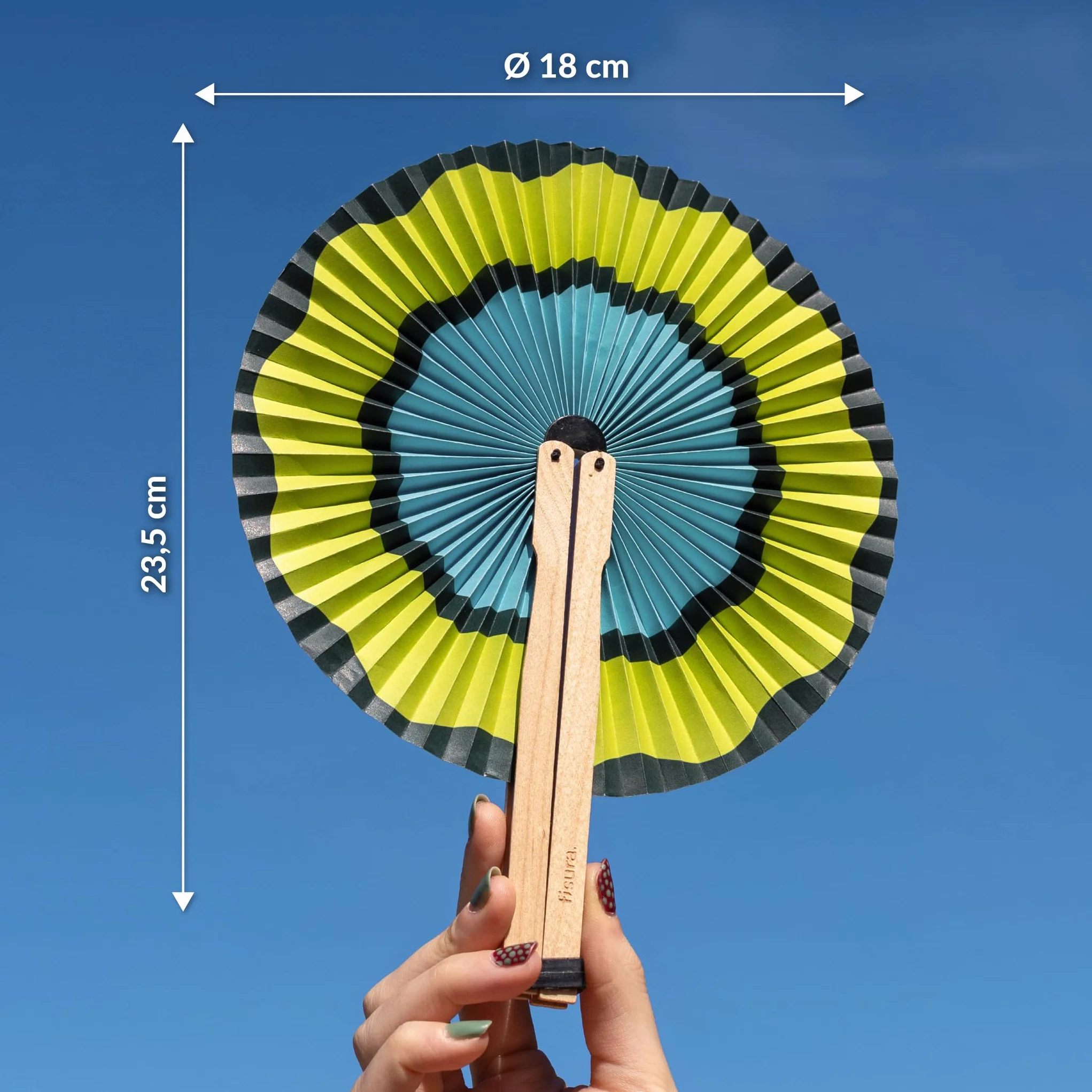 Fisura – Ventaglio pieghevole verde con onde, ventaglio originale in carta, pai pai verde e blu, accessorio per matrimonio, dettaglio per invitati, idea regalo per festa o cerimonia