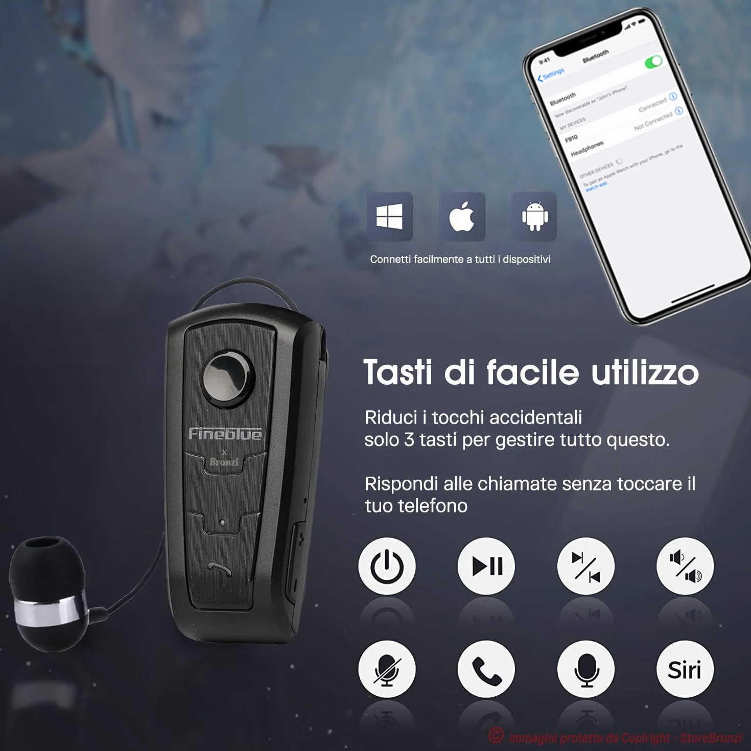 Fineblue F910 Auricolari Bluetooth Smartphone Con Clip Filo Retrattile In Ear Avviso a Vibrazione Microfono Cancellazione Rumore Nero
