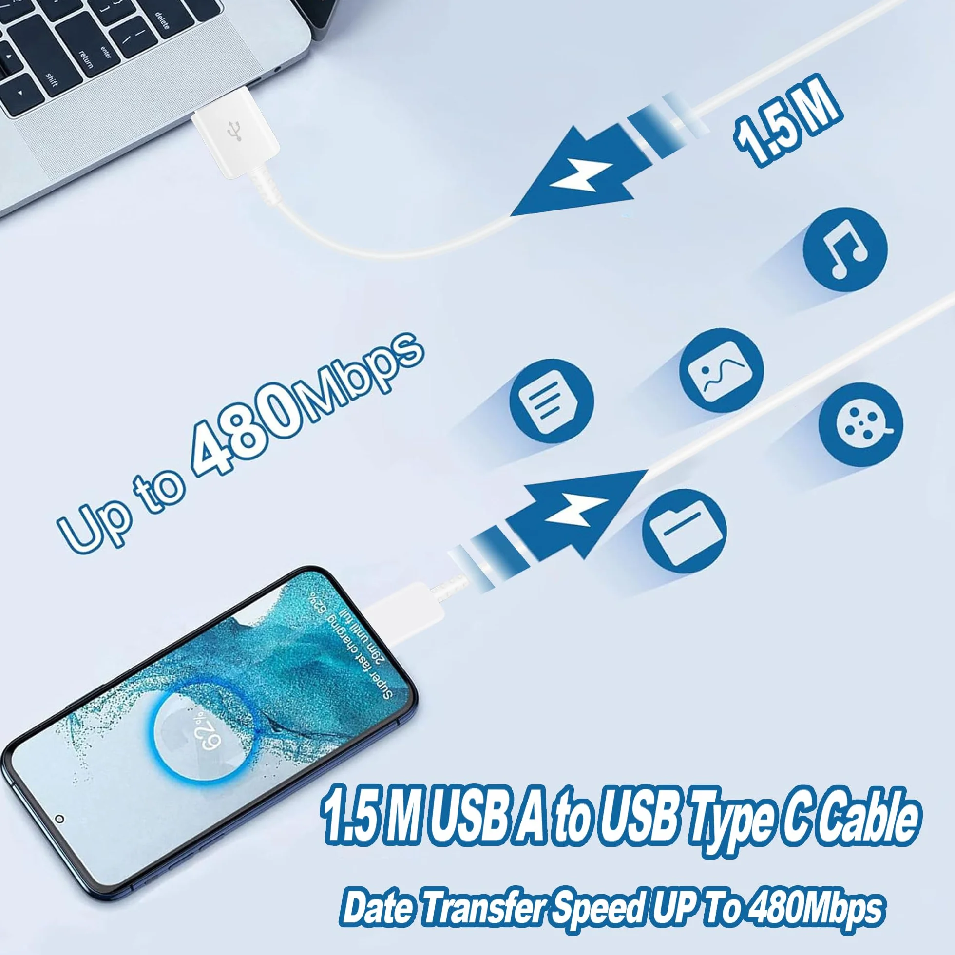 Caricabatterie Samsung USB C Originale Ricarica Rapida 1,5 M Compatibile Galaxy S23/S22/S21/S20 FE/Note9/S10/S10e/S9/S8/A56/A55/A54/A53/A25/A16/A15/A14/A05s