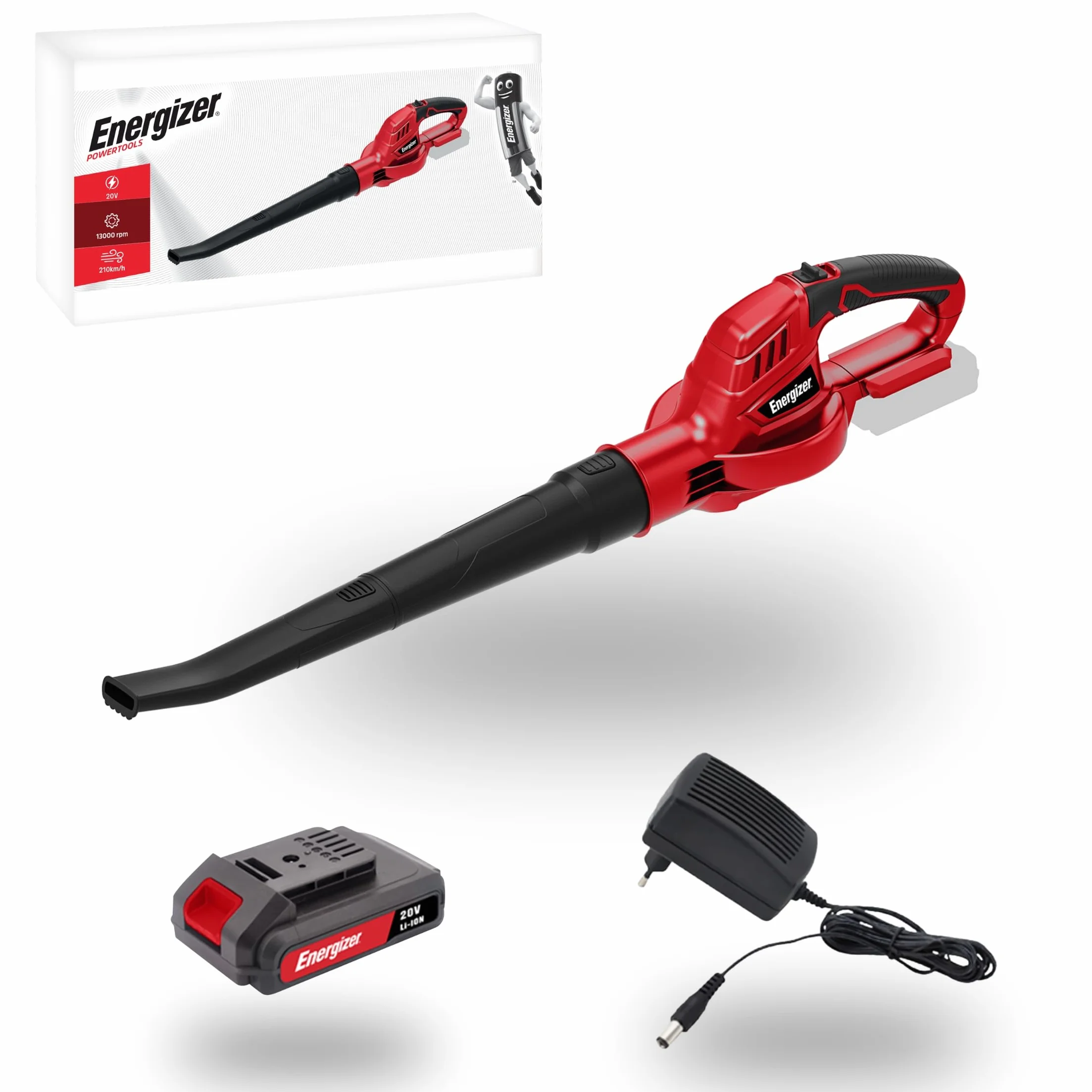 Energizer Soffiatore di foglie senza fili 20 V, velocità aria 210 km/h, portata 5000 l/min, motore 13000 RPM, leggero 1,2 kg, batteria 20 V e caricabatterie inclusi