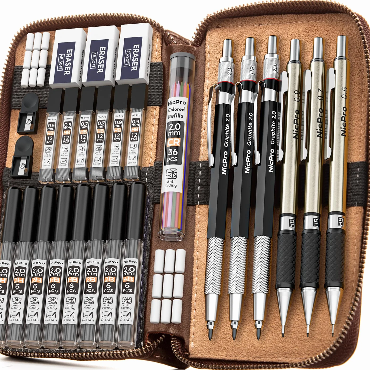 Nicpro 30 Pezzi Portamine Metallo Set con Custodia Pelle 0,5 0,7 0,9 2mm per Disegno Scrittura
