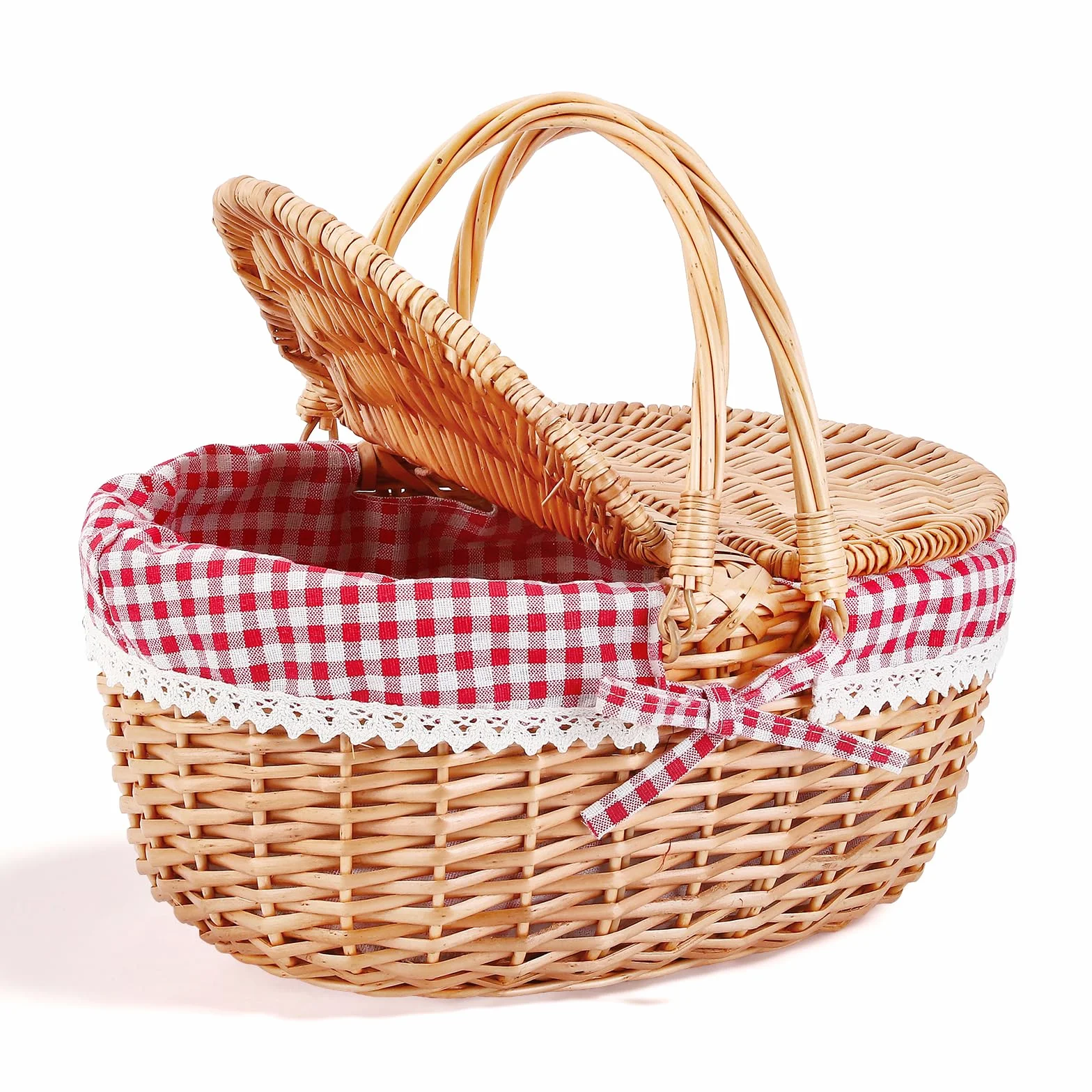 Wicker Picnic Basket Cesto Picnic in Vimini Fatto a Mano, Grande Cesto Portaoggetti con Doppio Coperchio Ribaltabile & Manico Pieghevole per Picnic all’Aperto, Spiaggia,Deposito Hiking, BBQ