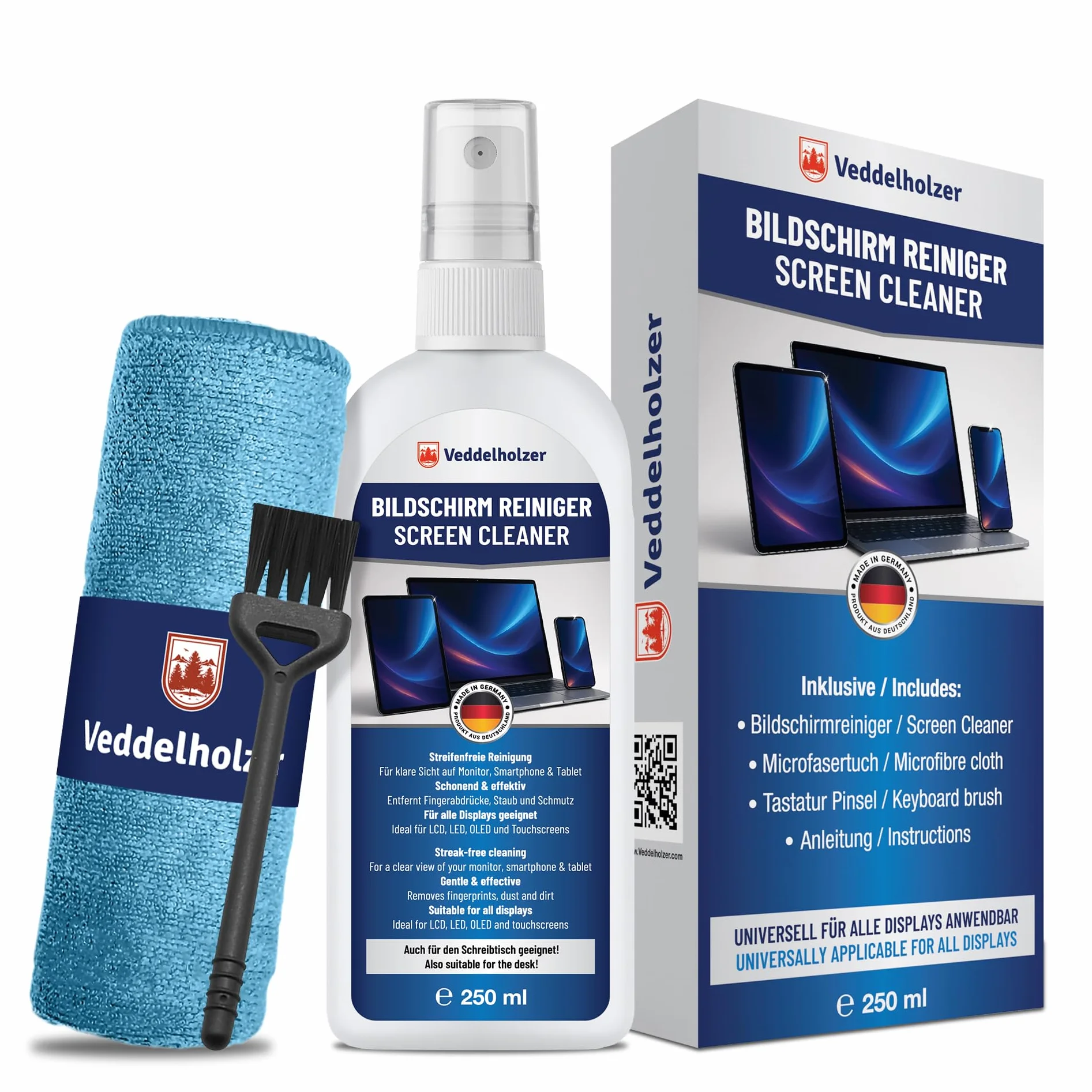 Veddelholzer Set di pulizia dello schermo 250 ml, detergente per display con panno in microfibra e pennello per tastiera