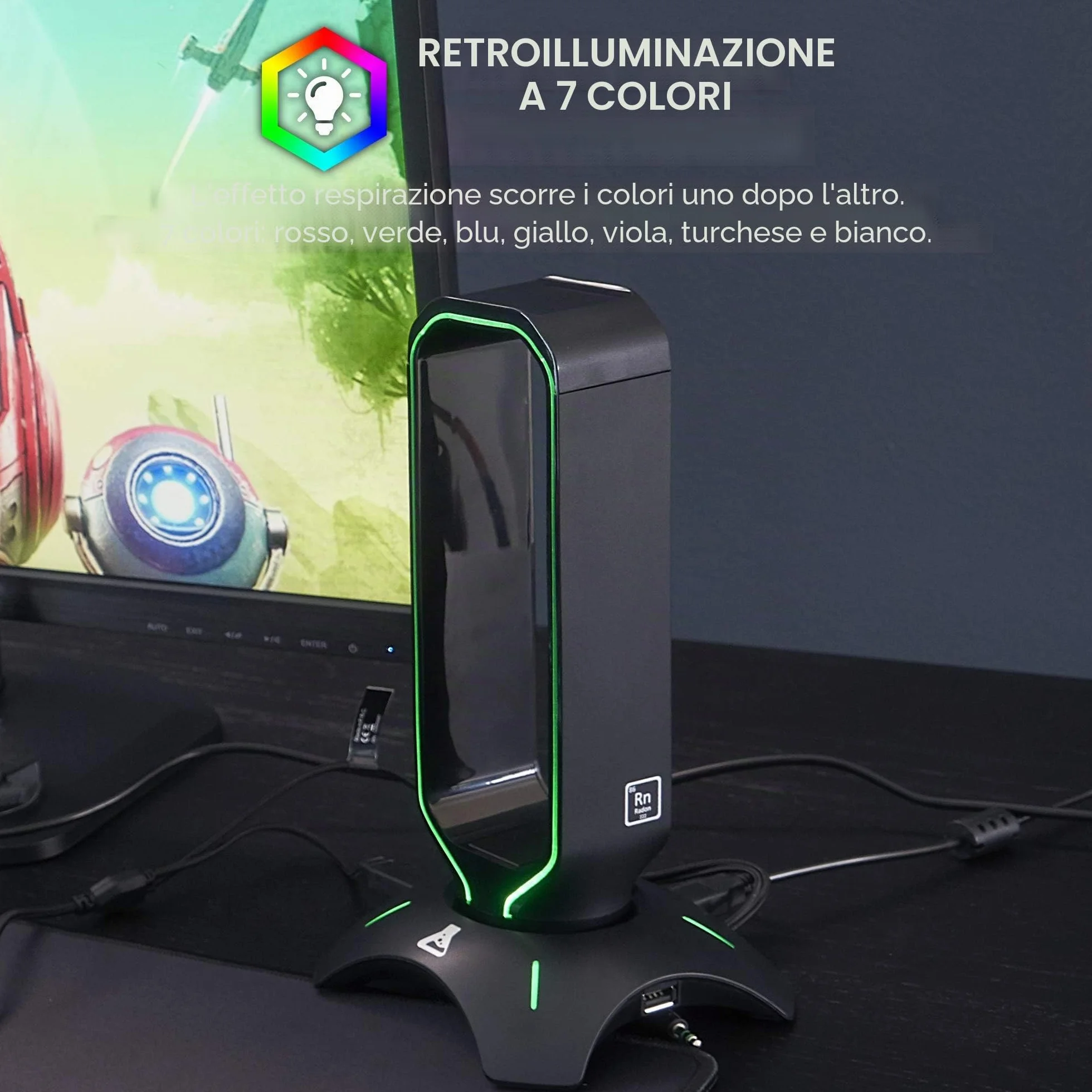 The G-Lab K-Stand RADON Supporto per Cuffie da Gioco RGB USB HUB Base Antiscivolo Nero