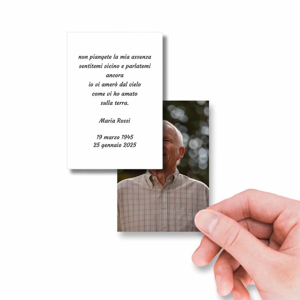 PRINTSERVIS Ricordini funebri personalizzati con foto e preghiera 25 pagelline defunti plastificate fronte-retro 6x9 cm