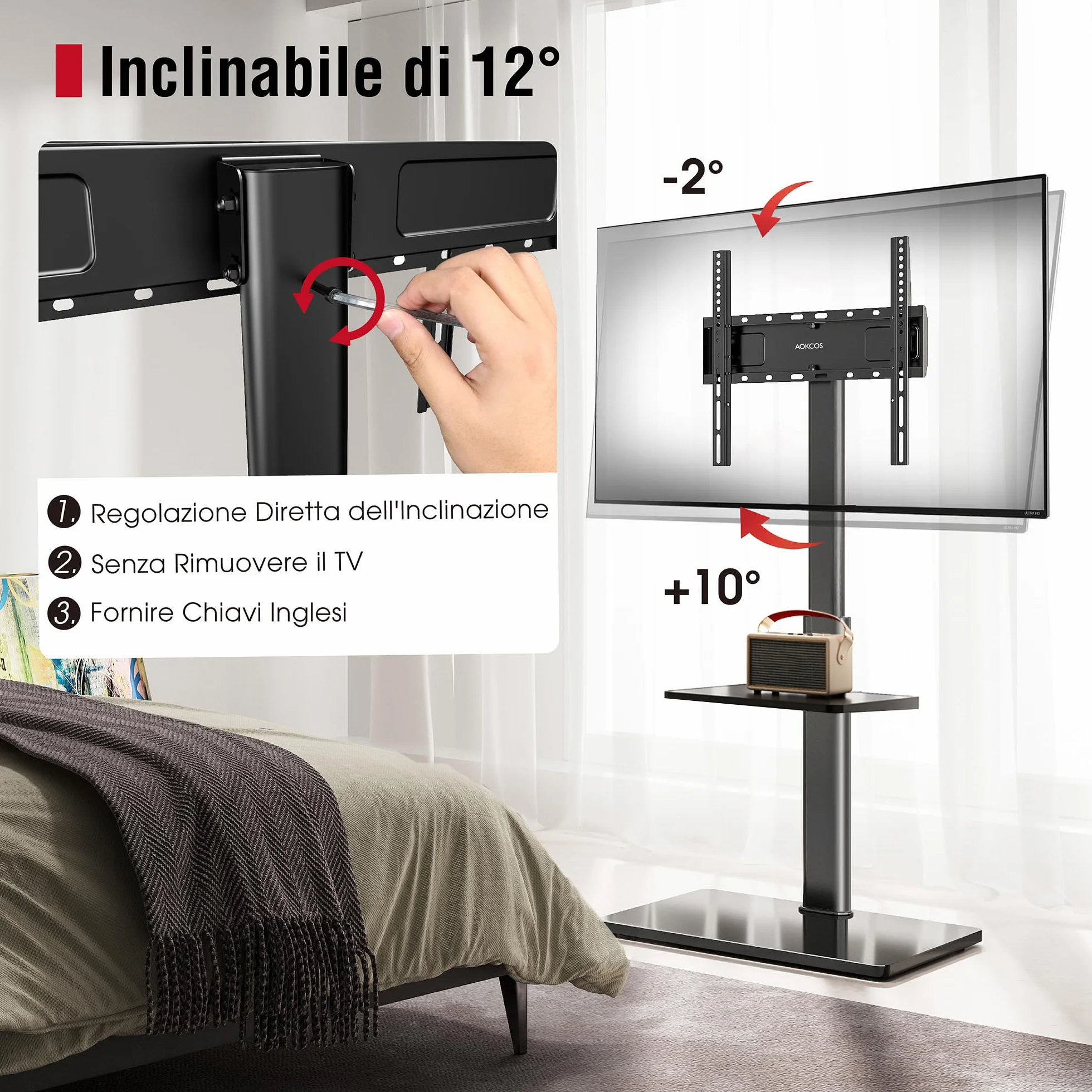 AOKCOS Supporto TV da Pavimento Inclinabile per 32-55-70 Pollici, Girevole & Altezza Regolabile, VESA 400x400mm 40kg